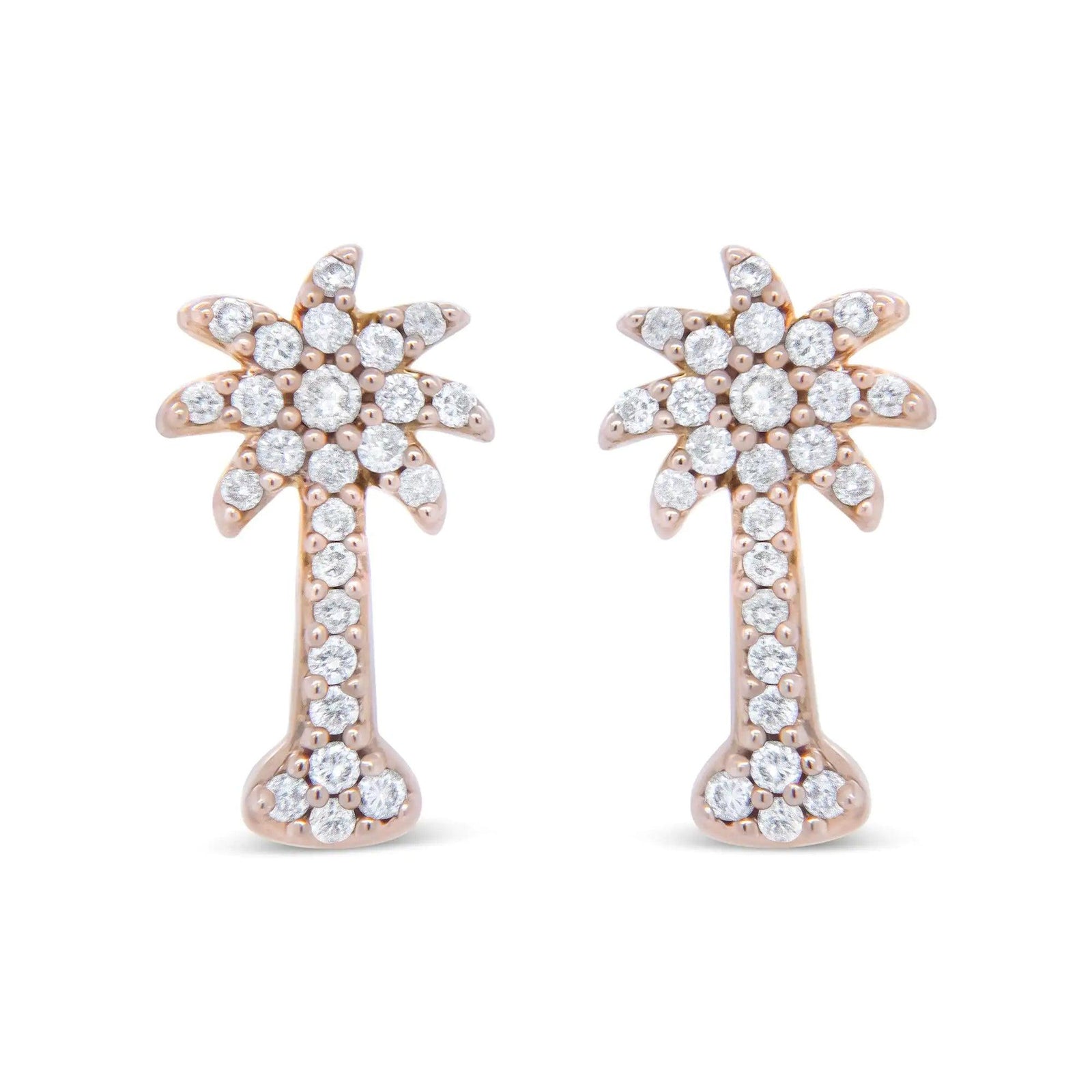 10K Rose Gold 1/4 Cttw Diamond Palm Tree Push Back Stud Earrings (H-I Color, I1-I2 Clarity) - Evallys.com # #