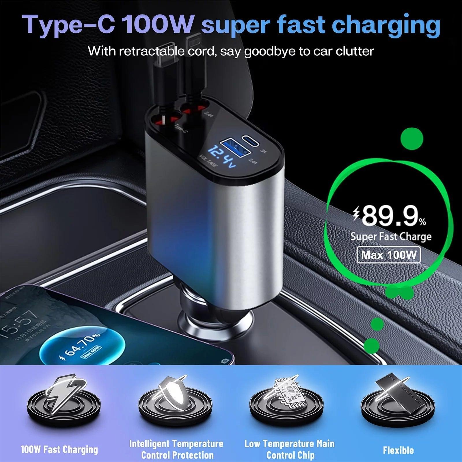 4 in 1 Retractable Car Charger, 100W Fast Car Phone Charger with Iphone and Type C Cable and 2 Charging Ports Car Charger Adapter - Evallys.com # #