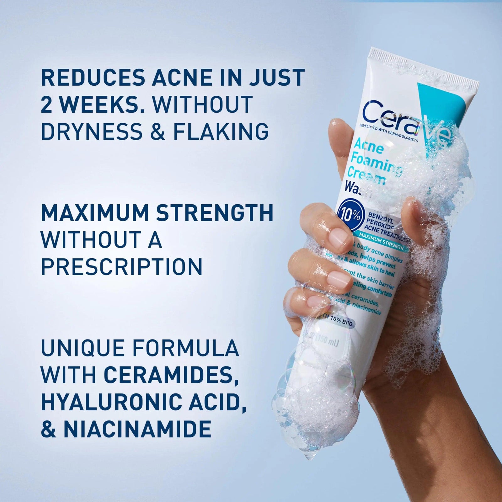 CeraVe Acne Foaming Cream Wash | Gentle Face and Body Acne Cleanser with Benzoyl Peroxide 10%, Hyaluronic Acid, and Niacinamide | Acne Treatment Clears Pimples, Blackheads, Chest and Back Acne | 5 Oz - Evallys.com # #