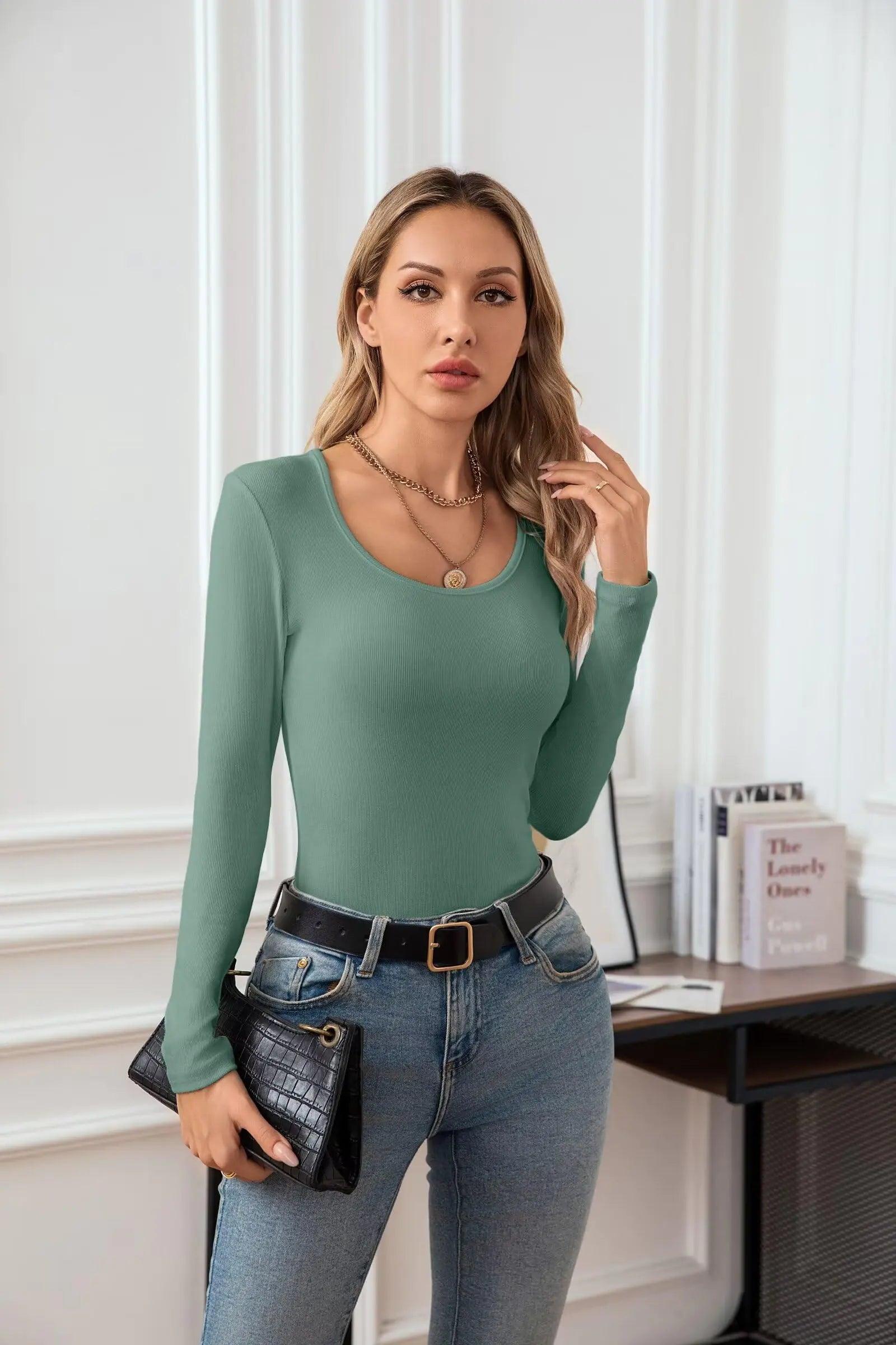 VICHYIE Summer Women's Scoop Neck Short Sleeve Shirts Ribbed Slim Fitted Casual Basic Top Blouses Long Sleeve Small Long-light Green - Evallys.com # #