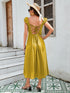 Women's Linen-Cotton Midi Dress - Versatile Off-Shoulder Design With Adjustable Tie-Back And Split Hem In Yellow, Green, And Orange - Evallys.com # #