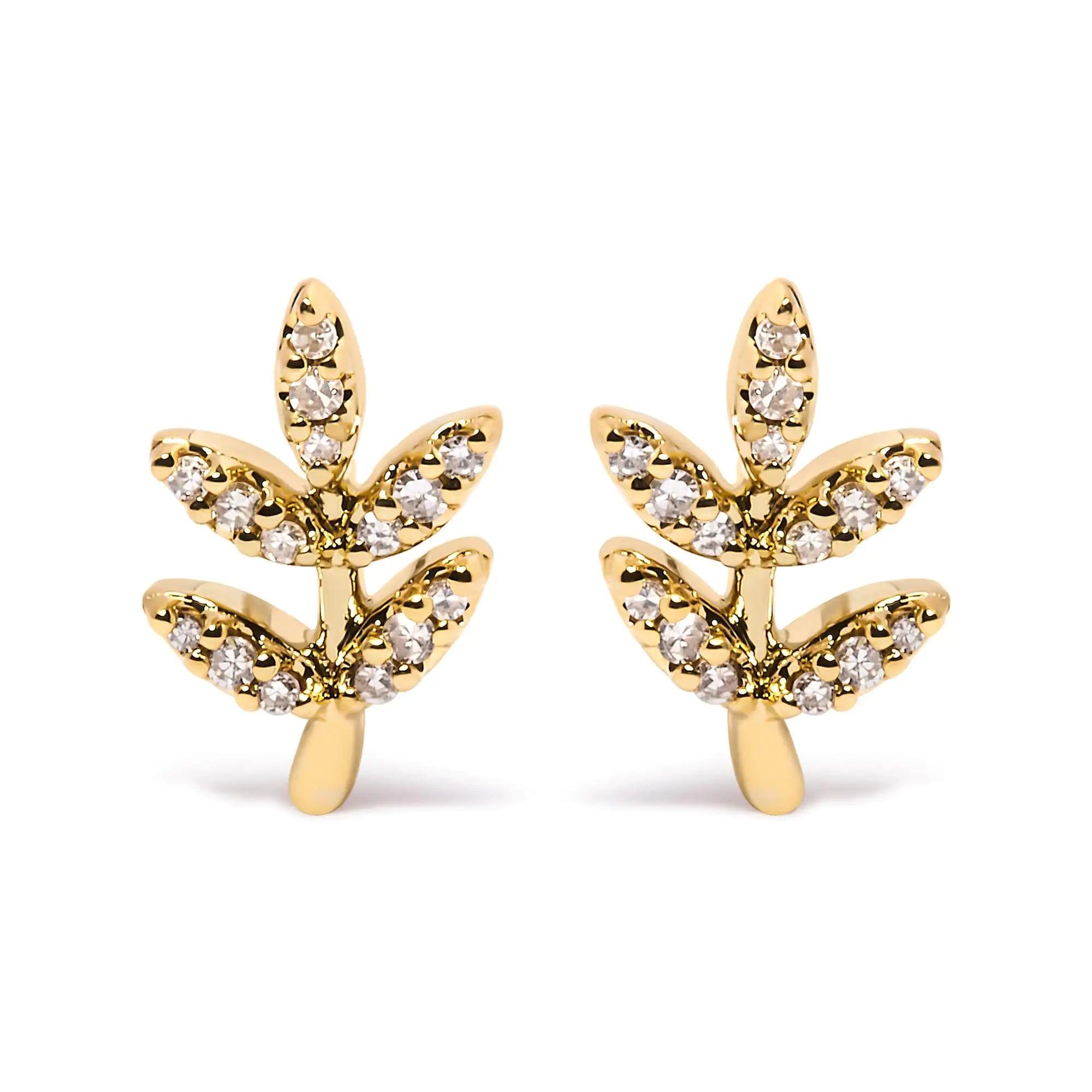 10K Yellow Gold 1/10 Cttw Diamond Accented Leaf and Branch Stud Earrings (H-I Color, I1-I2 Clarity) - Evallys.com # #