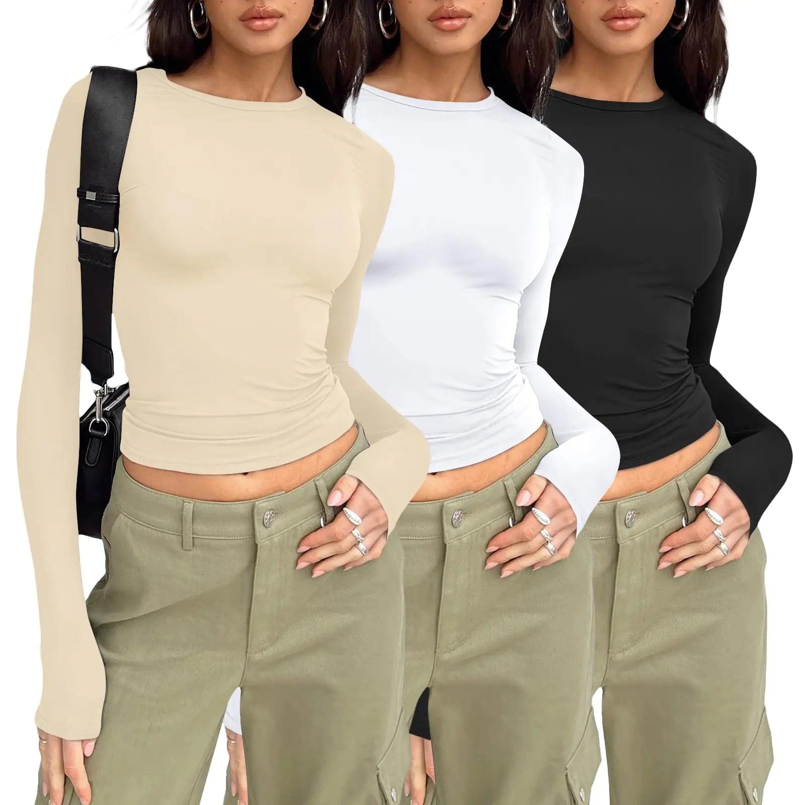 AUTOMET Womens 3 Pack Long Sleeve Shirts Basic Crop Tops Going Out Fall Fashion Underscrubs Layer Slim Fit Y2K Tops Black,white,apricot X-Small - Evallys.com # #