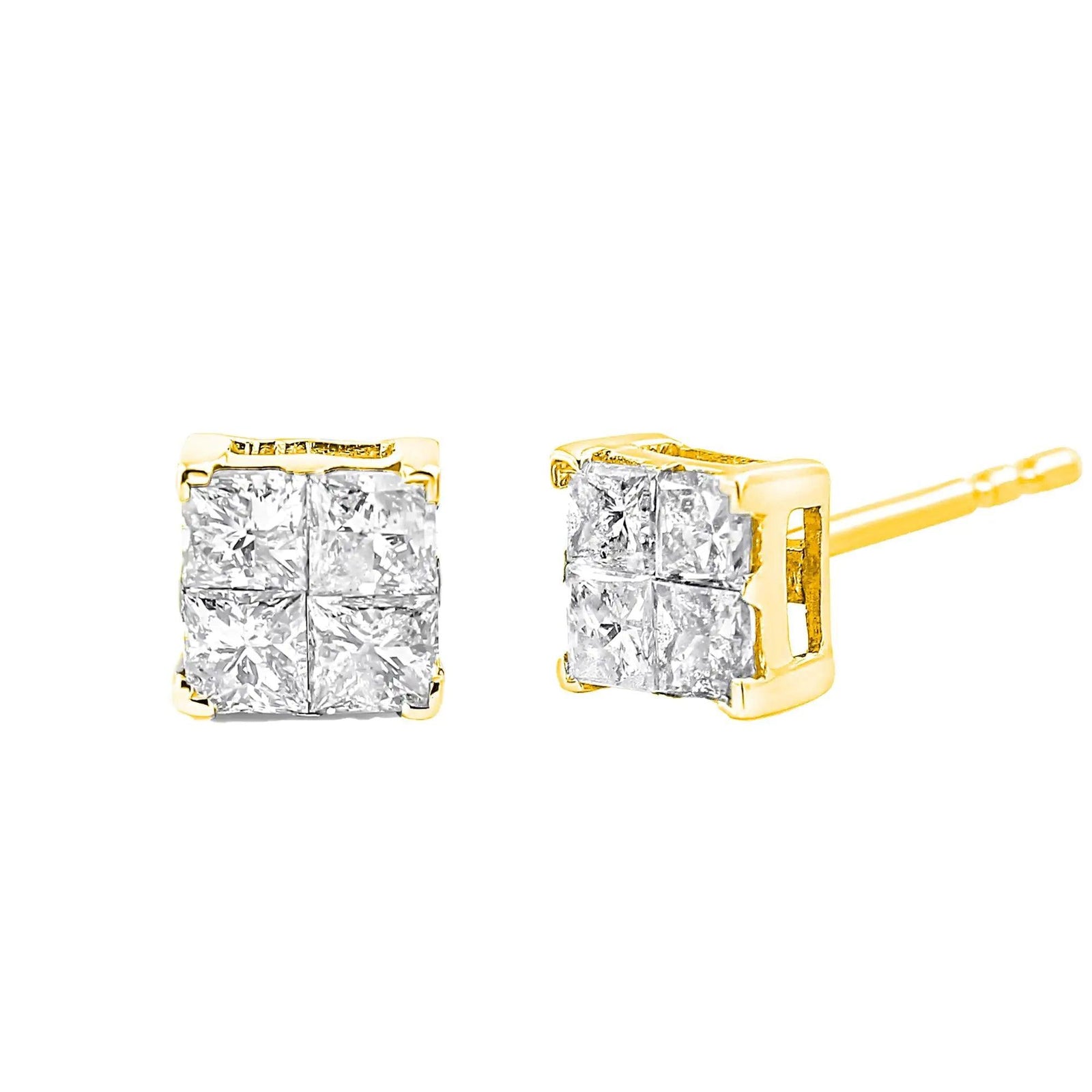 10K Yellow Gold Plated .925 Sterling Silver 1.0 Cttw Princess-Cut Diamond Composite Multi Stone Stud Earrings (J-K Color, SI2-I1 Clarity) - Evallys.com # #