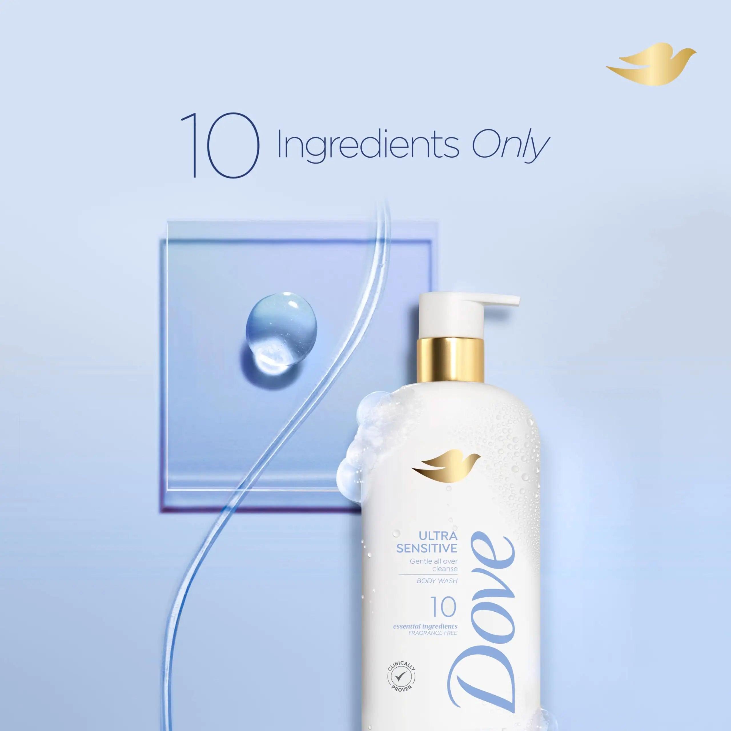 Dove Fragrance Free Body Wash Ultra Sensitive Gentle all-over cleanse 10 essential ingredients 18.5 oz - Evallys.com # #