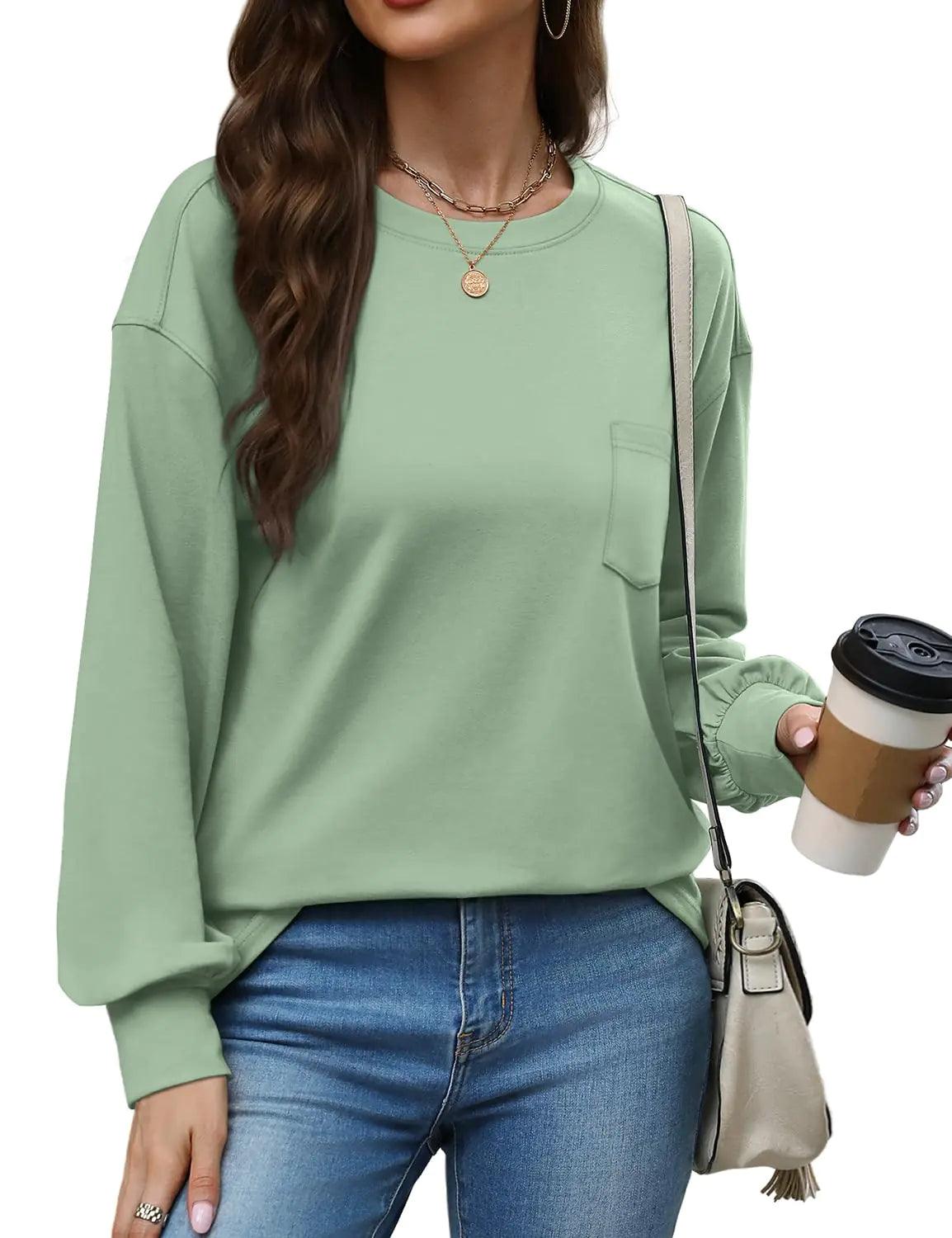 WIHOLL Womens Long Sleeve Shirts Fall Tops Casual Crewneck Loose with Pocket Trendy Clothes Balmy Green Small - Evallys.com # #