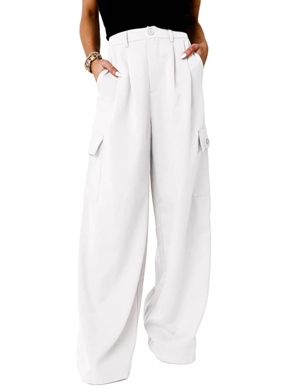 Dokotoo Womens High Waisted Wide Leg Cargo Pants Baggy Casual Work Pants with 4 Pockets 16 White - Evallys.com # #