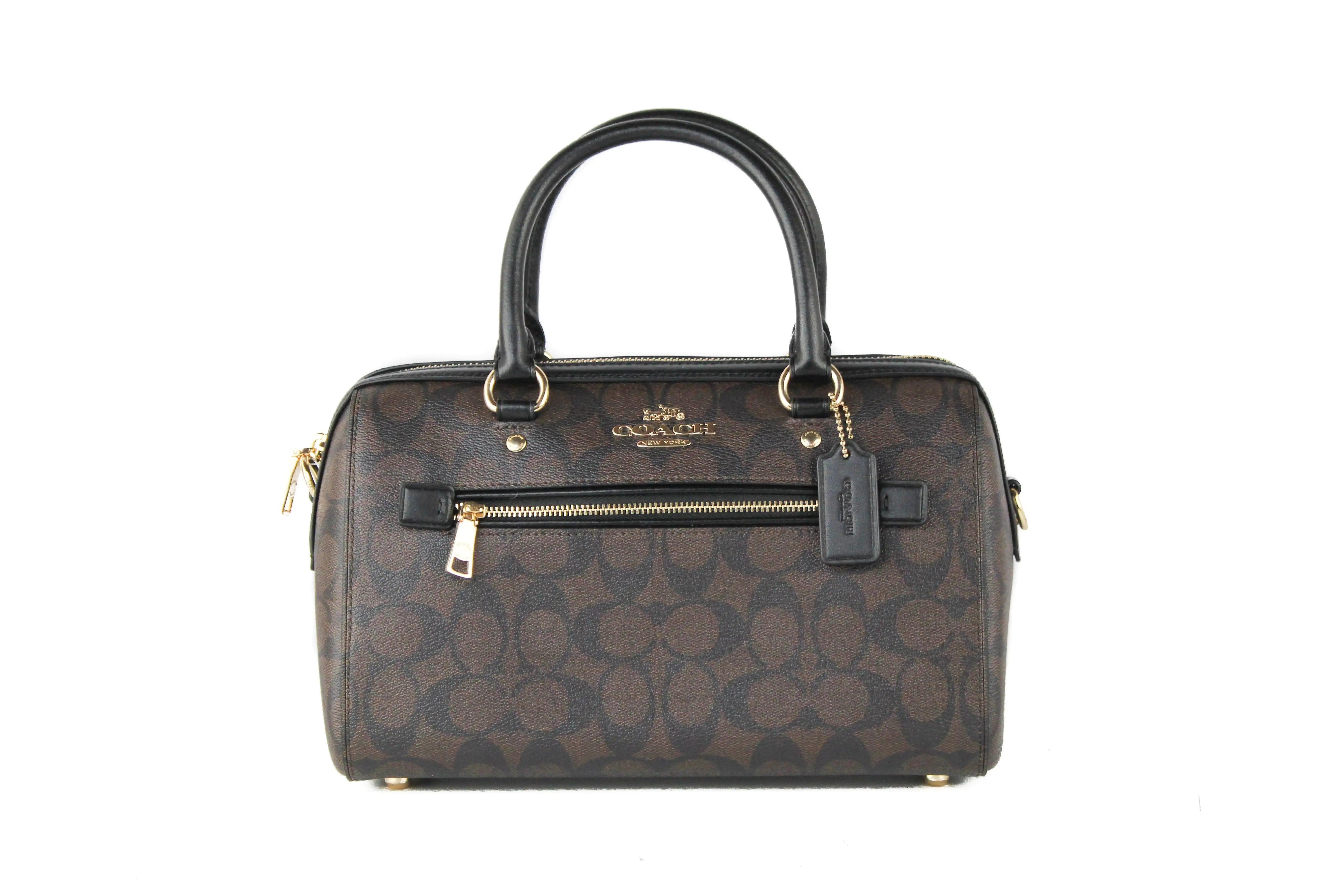 Coach (F83607) Rowan Brown Black Signature Leather Medium Satchel Handbag Purse - Evallys.com # #