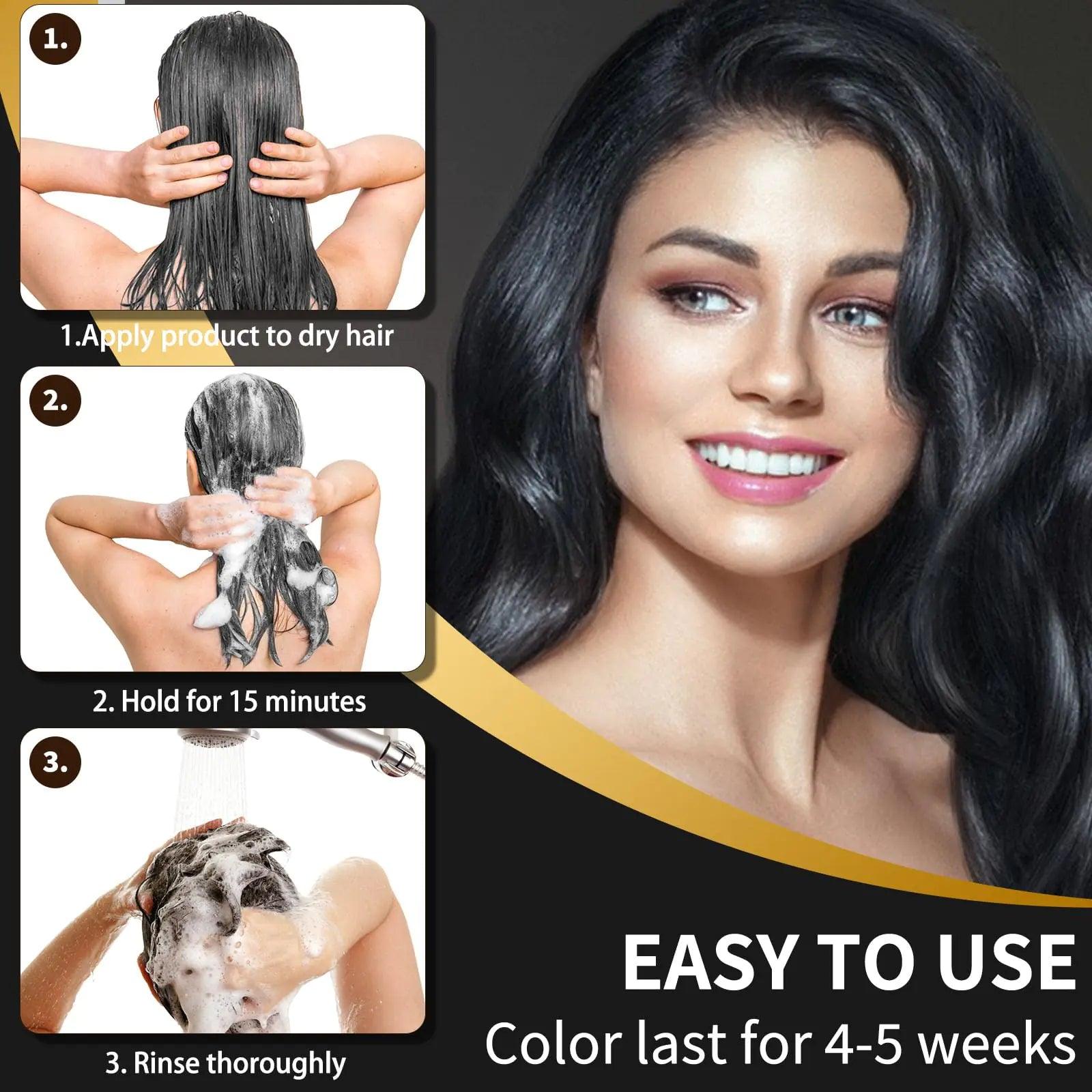 Black Dye Shampoo for Permanent Hair Color - Men&Women, Gray Coverage, Beard & Treated Hair, 3-In-1, 30 Days/500ml/Ammonia-Free/Natural Herbal black - Evallys.com # #