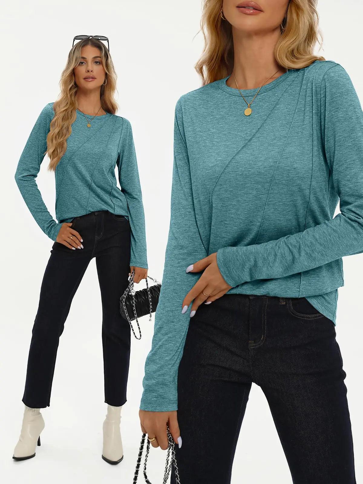 AUTOMET Womens Long Sleeve Shirts Pleated Crew Neck Casual Fall Fashion Tops Loose Fit Lightweight Girls Outfits Clothes Large Bluegreen - Evallys.com # #