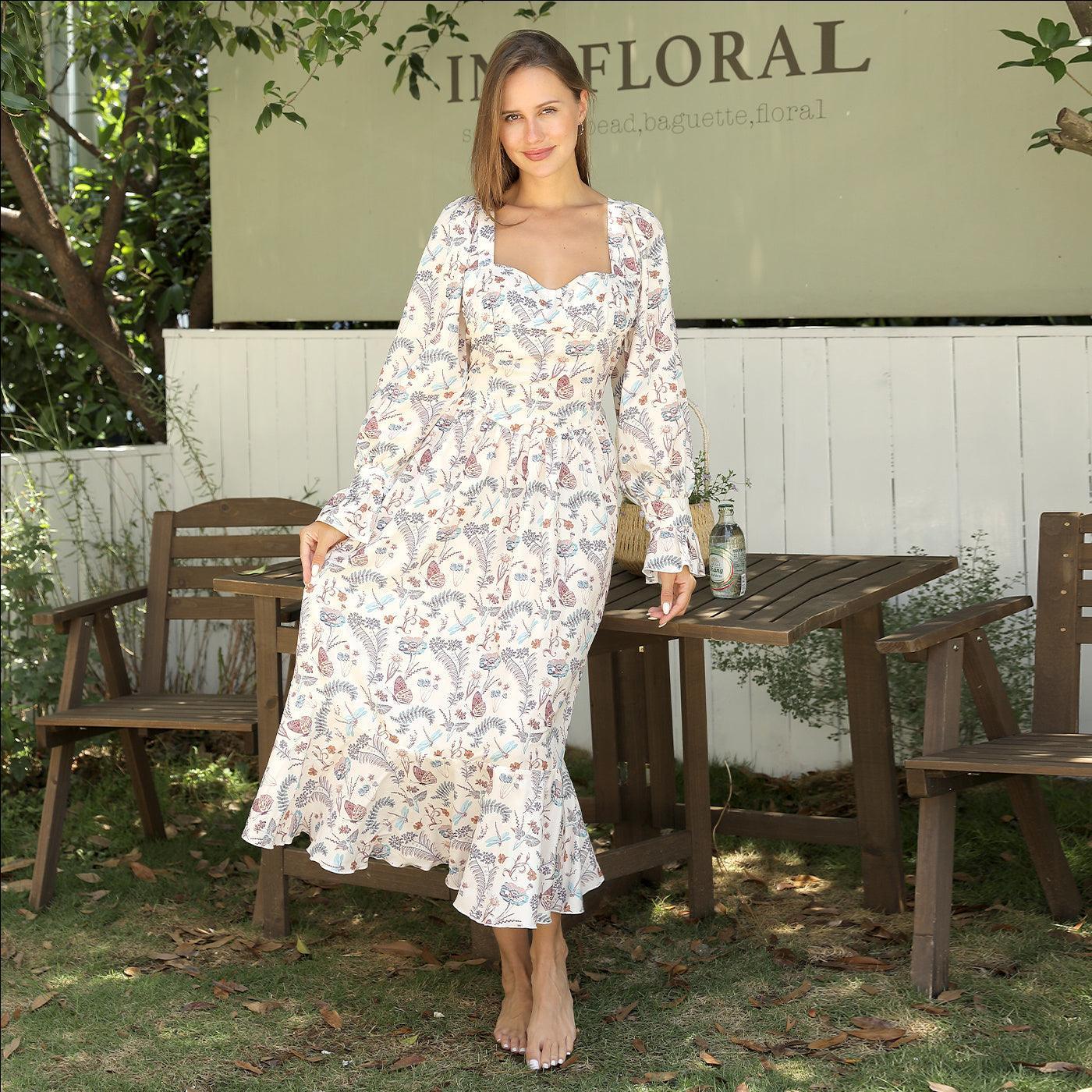 Women's Square Neck Long Sleeved Printed Dress - Evallys.com # #