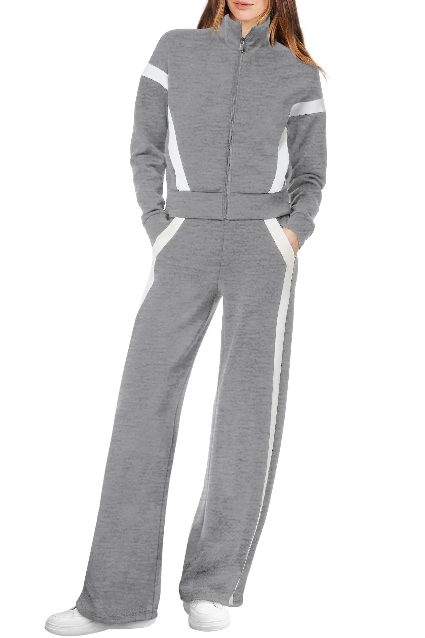 WIHOLL Lounge Sets for Women 2024 Zip Up Sweatshirt Wide Leg Sweatpants Casual 2 Piece Outfits Fashion Sweatsuits Tracksuit A Grey/White Medium - Evallys.com # #