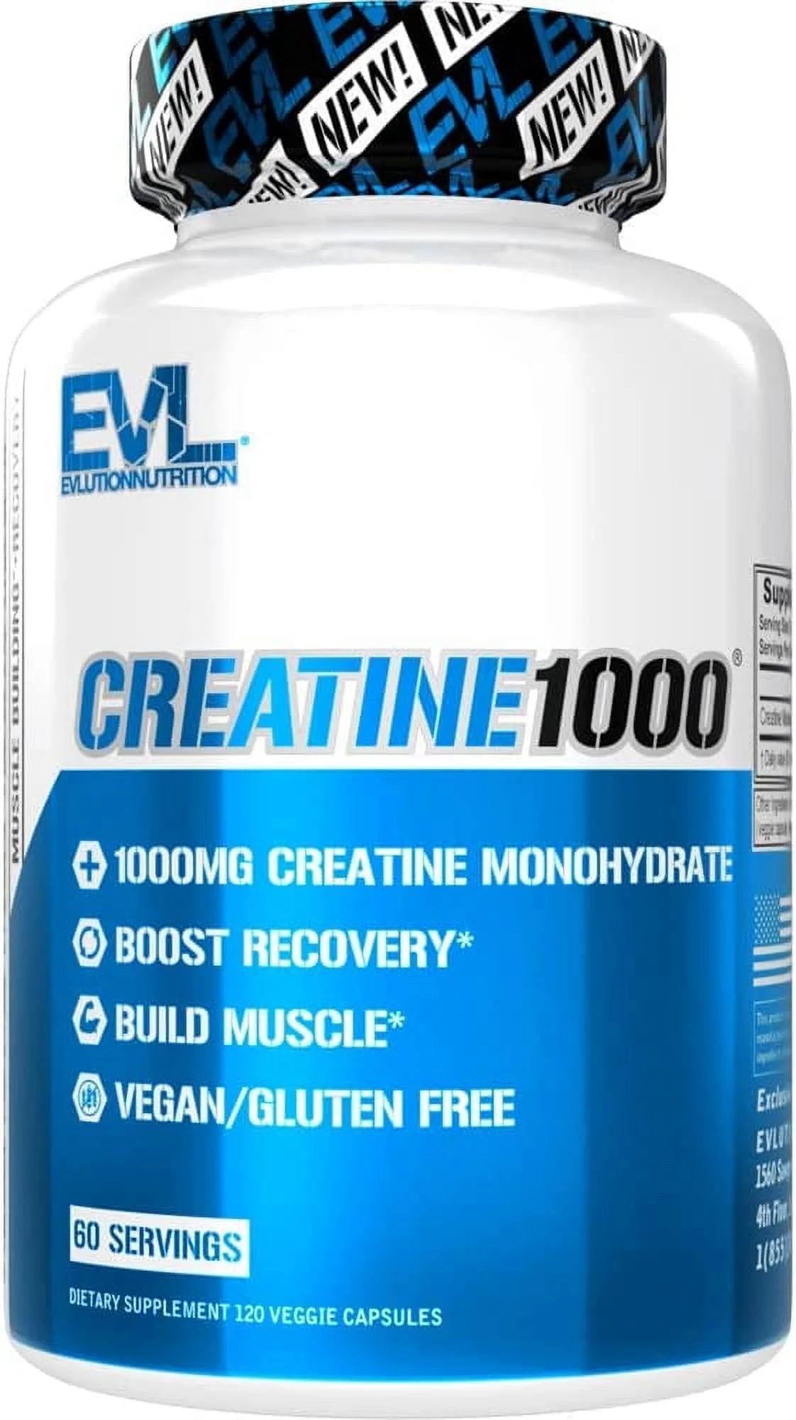 Creatine Monohydrate Pills 120Ct - EVL Nutrition Muscle Builder & Recovery Supplement - Creatine Capsules 1000Mg - Evallys.com # #