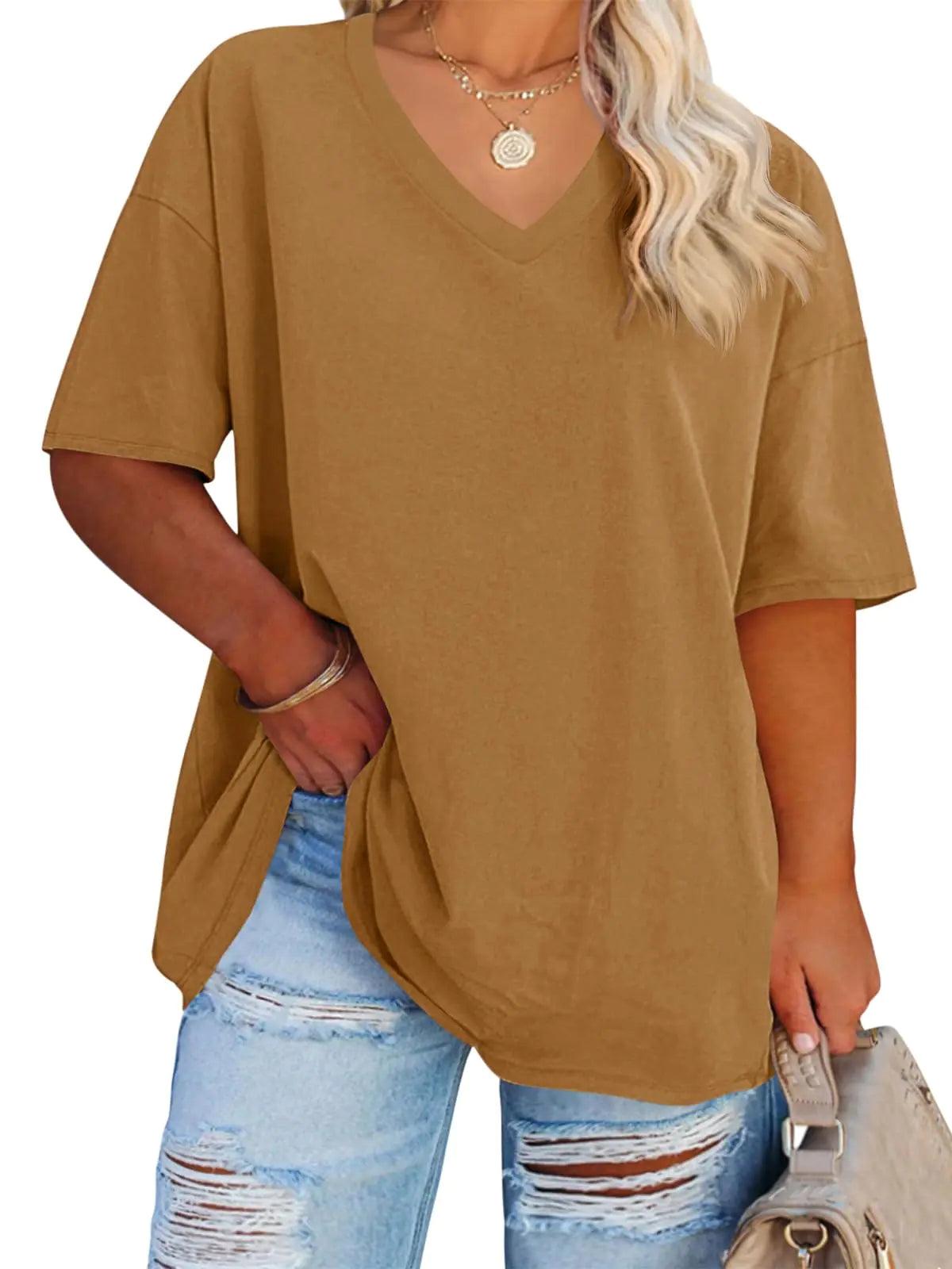 Women's Plus Size V Neck T Shirts Summer Half Sleeve Tees Casual Loose Fit Cotton Tunic Tops XX-Large Plus Khaki - Evallys.com # #