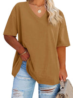 Women's Plus Size V Neck T Shirts Summer Half Sleeve Tees Casual Loose Fit Cotton Tunic Tops XX-Large Plus Khaki - Evallys.com # #