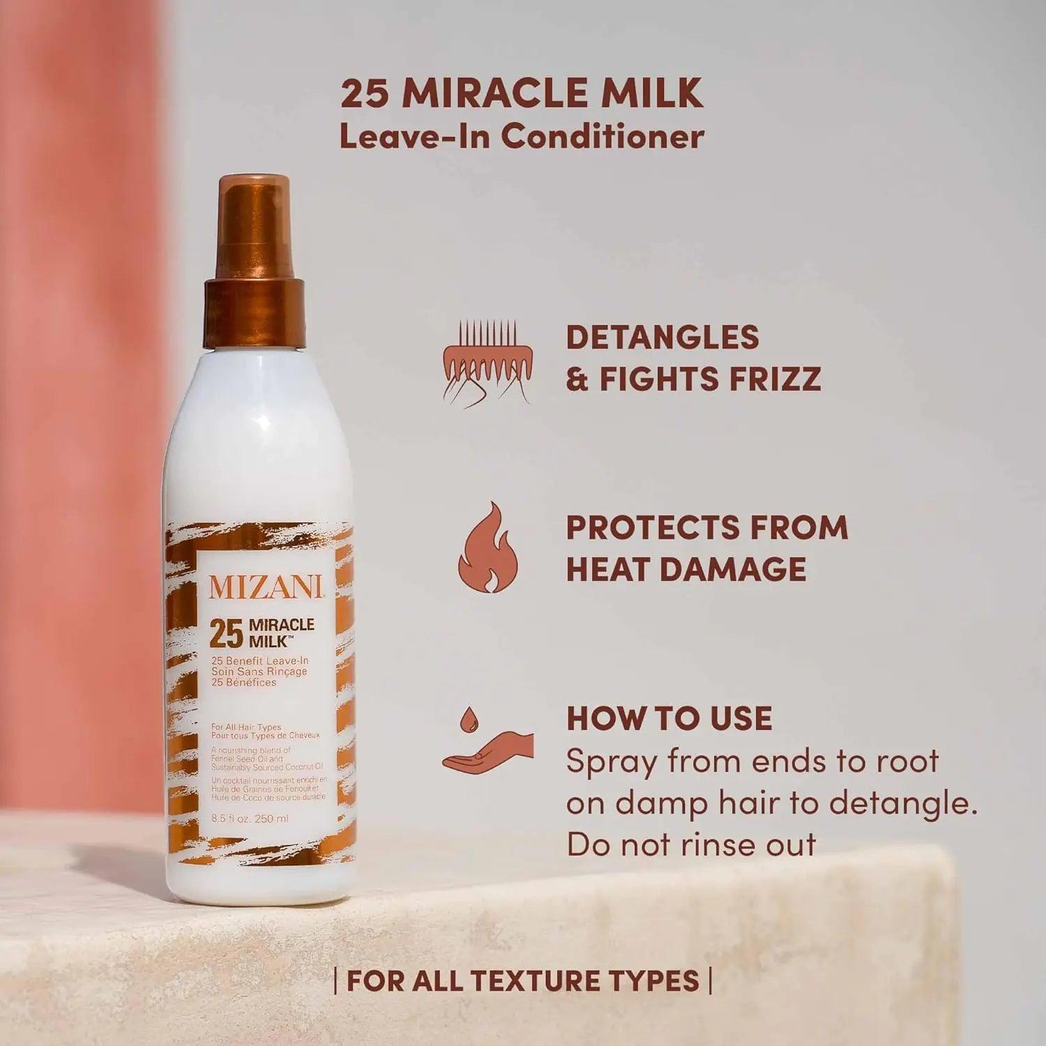 MIZANI 25 Benefit Miracle Milk Leave in Conditioner | Heat Protectant and Detangler Spray | Formulated with Coconut Oil | For Frizzy & Curly Hair 3.4 Fl Oz (Pack of 1) - Evallys.com # #