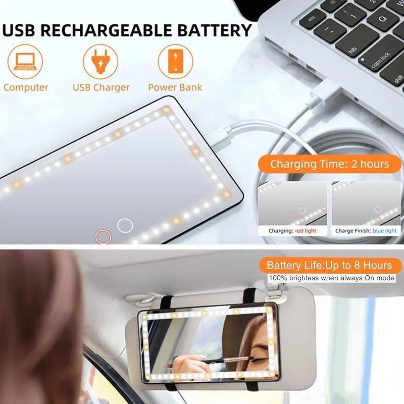 Car Sun Visor Vanity Mirror, Rechargeable Makeup Mirror with 3 Light Modes & 60 Leds - Dimmable Clip-On Rear View Sun-Shading Cosmetic Mirror, - Evallys.com # #