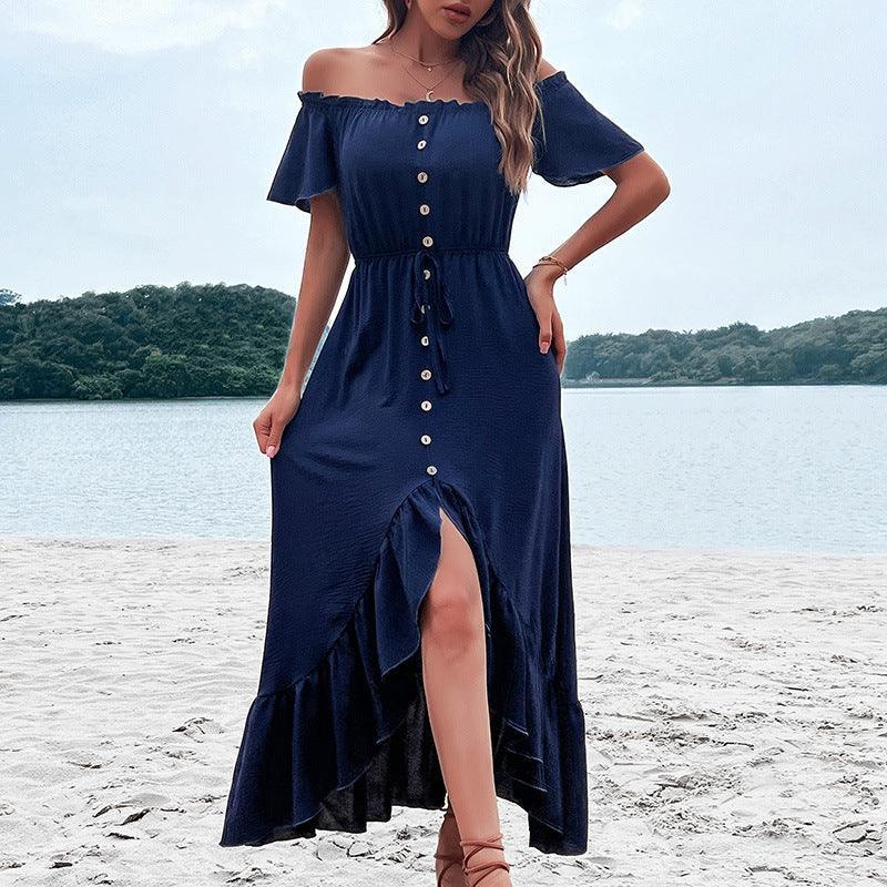 Irregular ruffled female dress with one-line collar tether - Evallys.com # #