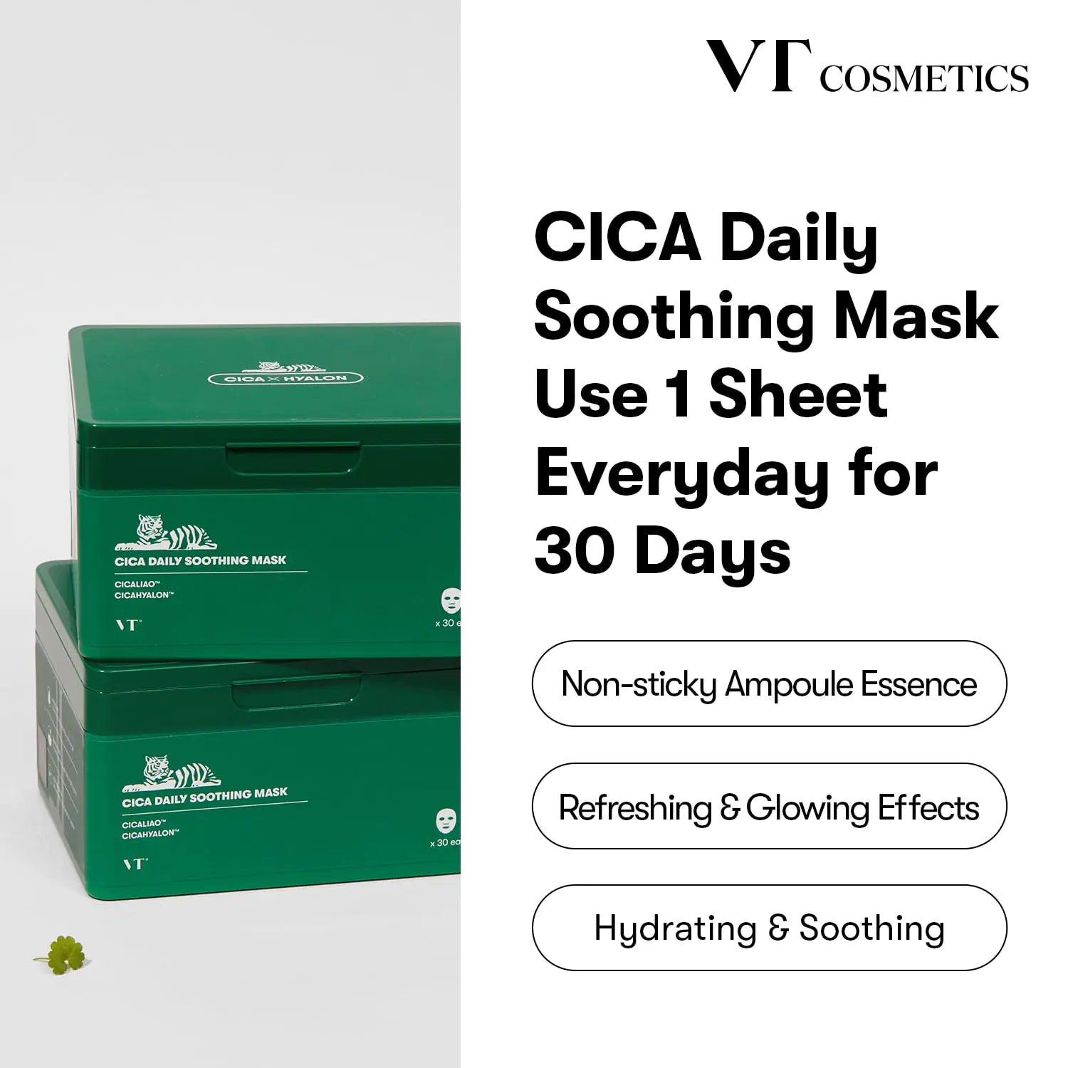 VT COSMETICS Daily Soothing Mask 30ea, Facial Sheet Mask for Moist & Hydrating, 30 Day Supply, Cica Face Mask Cica Daily Soothing Mask - Evallys.com # #