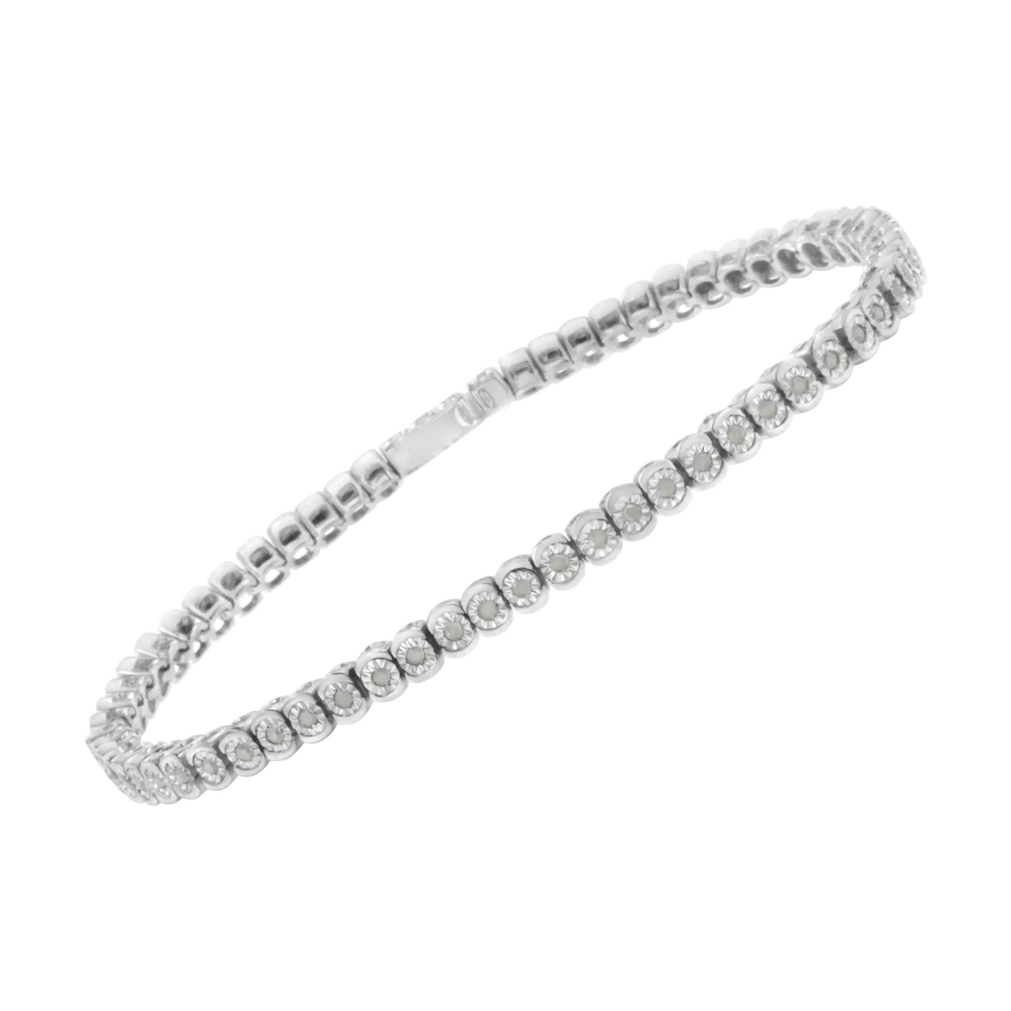 .925 Sterling Silver ½ Cttw Miracle-Set Diamond Round Half Bezel 7” Tennis Bracelet (I-J Color, I2-I3 Clarity) - Evallys.com # #