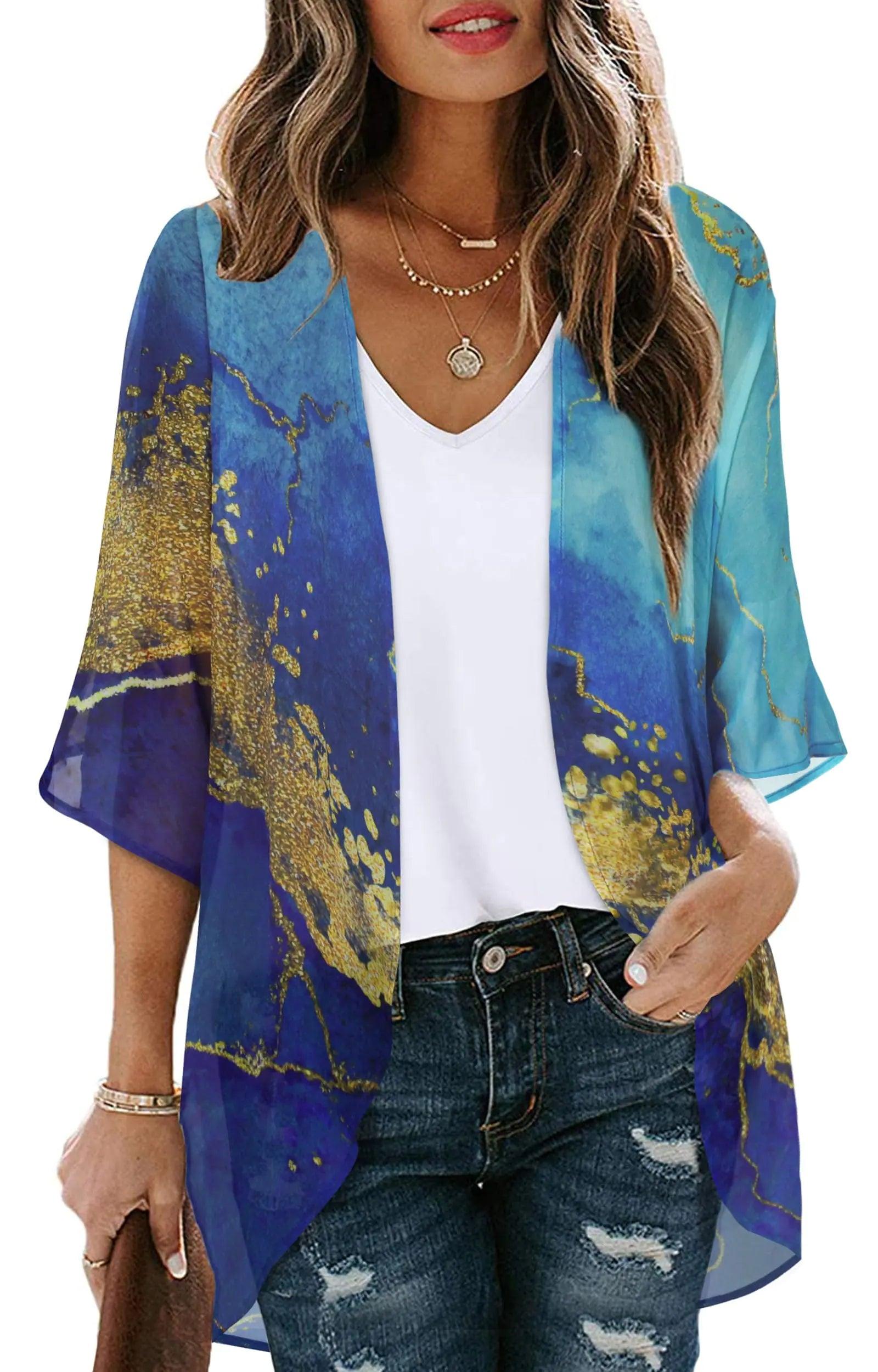 Women's Floral Print Puff Sleeve Kimono Cardigan Loose Cover Up Casual Blouse Tops Small Orange Black - Evallys.com