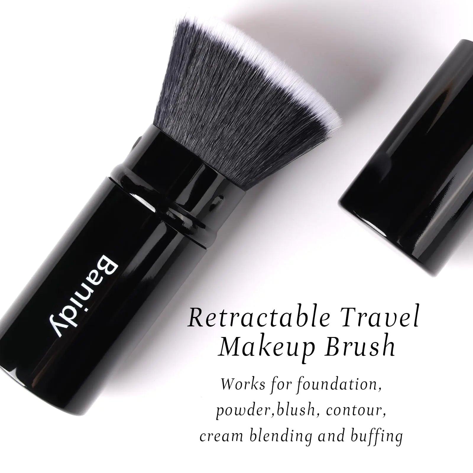 Makeup Brush Kabuki Face Brushes Retractable Travel Blush Brush Portable Flawless for Foundation, Powder Blush, Bronzer, Buffing, Liquid, Cream, Cruelty Free with Cover(Flat-Head) Flat-Head-Black - Evallys.com # #