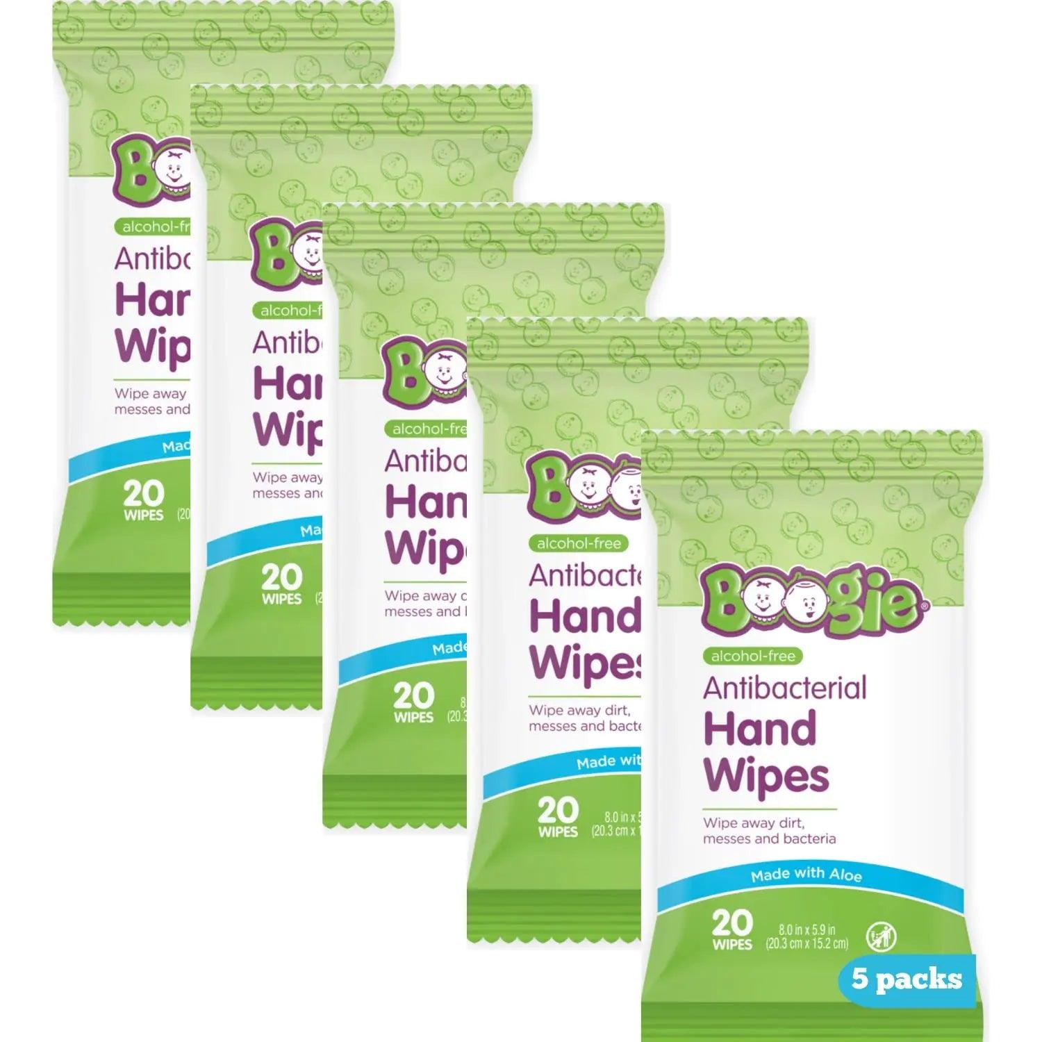 Antibacterial Hand Wipes by Boogie, Alcohol Free, Hypoallergenic and Moisturizing Aloe, Hand Wipes for Kids and Adults, 5 Packs of 20 (100 Total Wipes) - Evallys.com # #