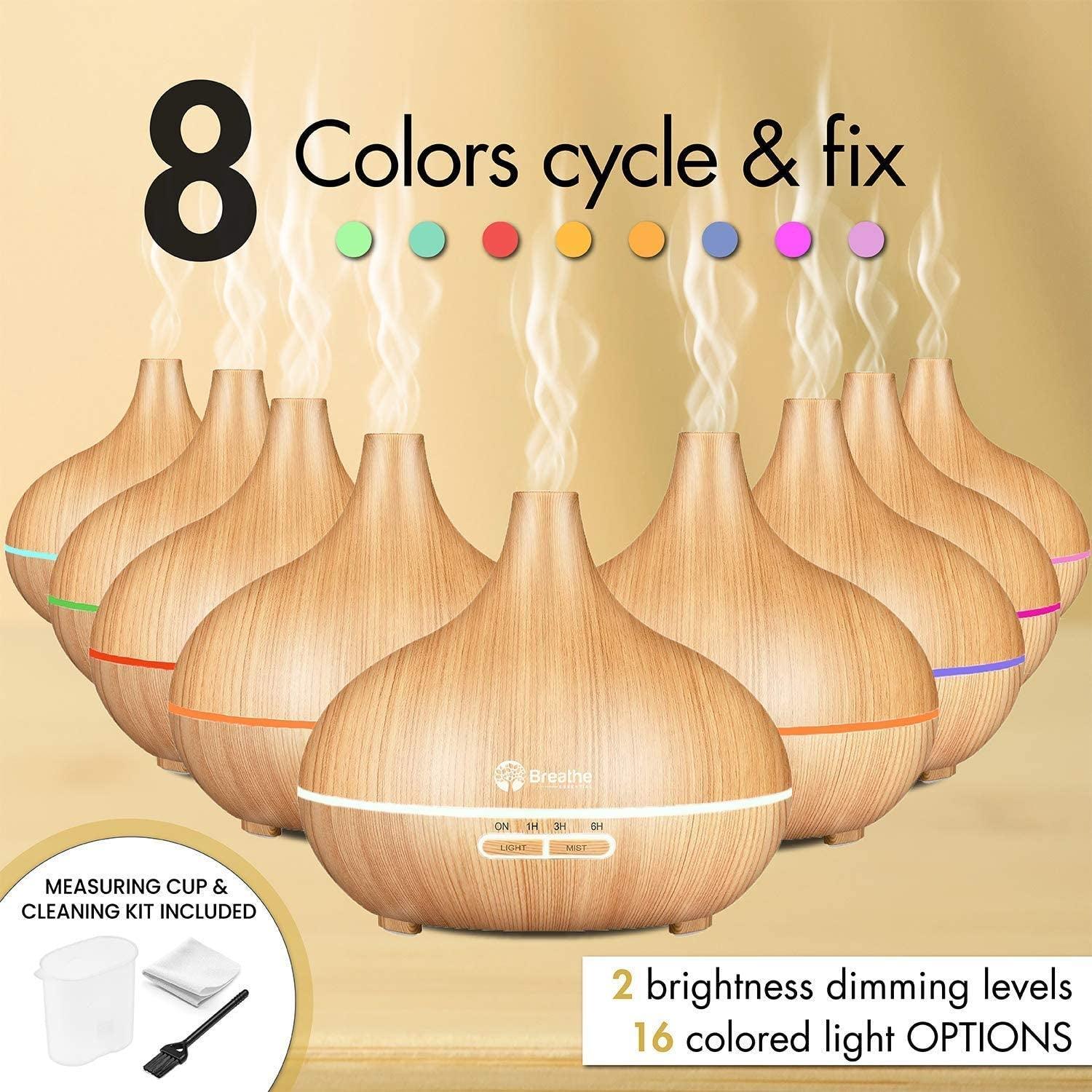 Oil Diffuser | 550Ml Diffusers for Essential Oils with Cleaning Kit & Measuring Cup, 18 Hour Runtime, 16 LED Light Settings & Auto Power off (Natural Oak) - Evallys.com # #