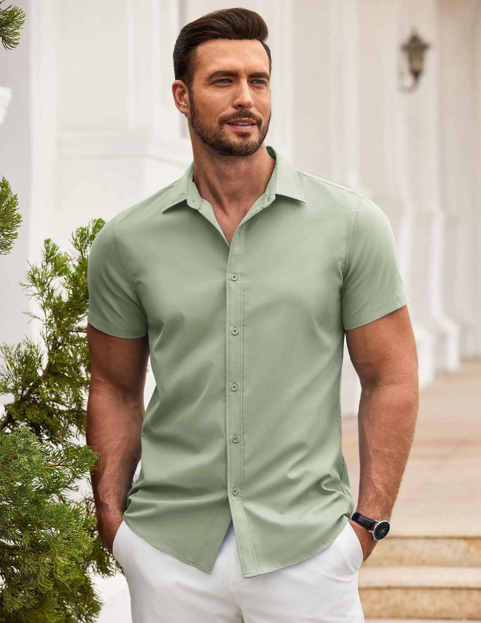 COOFANDY Men's Button Down Shirt Short Sleeve Casual Shirt for Men Summer Business Casual Dress Shirt XX-Large Light Green - Evallys.com # #