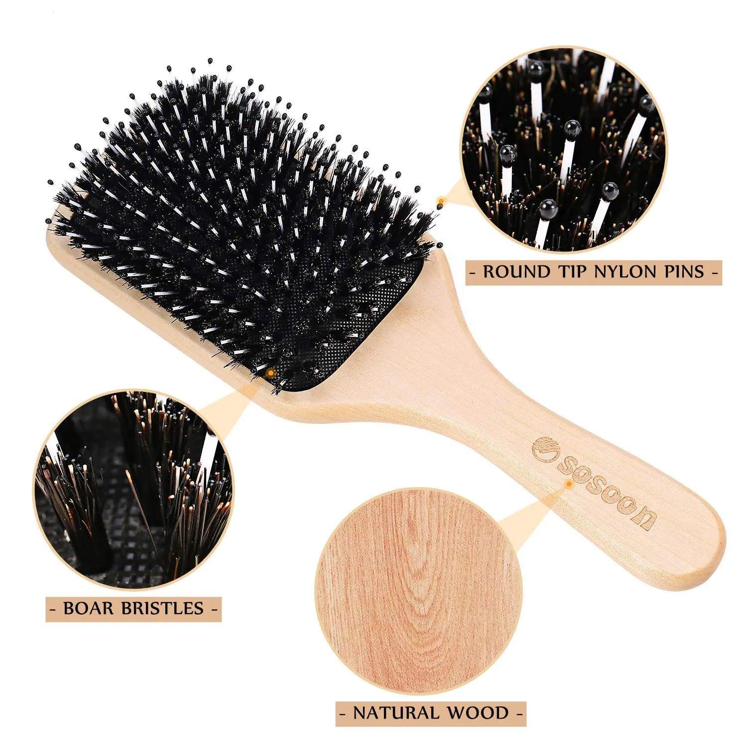 Hair Brush, Sosoon Boar Bristle Paddle Hairbrush for Long Short Thick Thin Curly Straight Wavy Dry Hair for Men Women Kids, No More Tangle, Giftbox & Tail Comb Included - Evallys.com # #