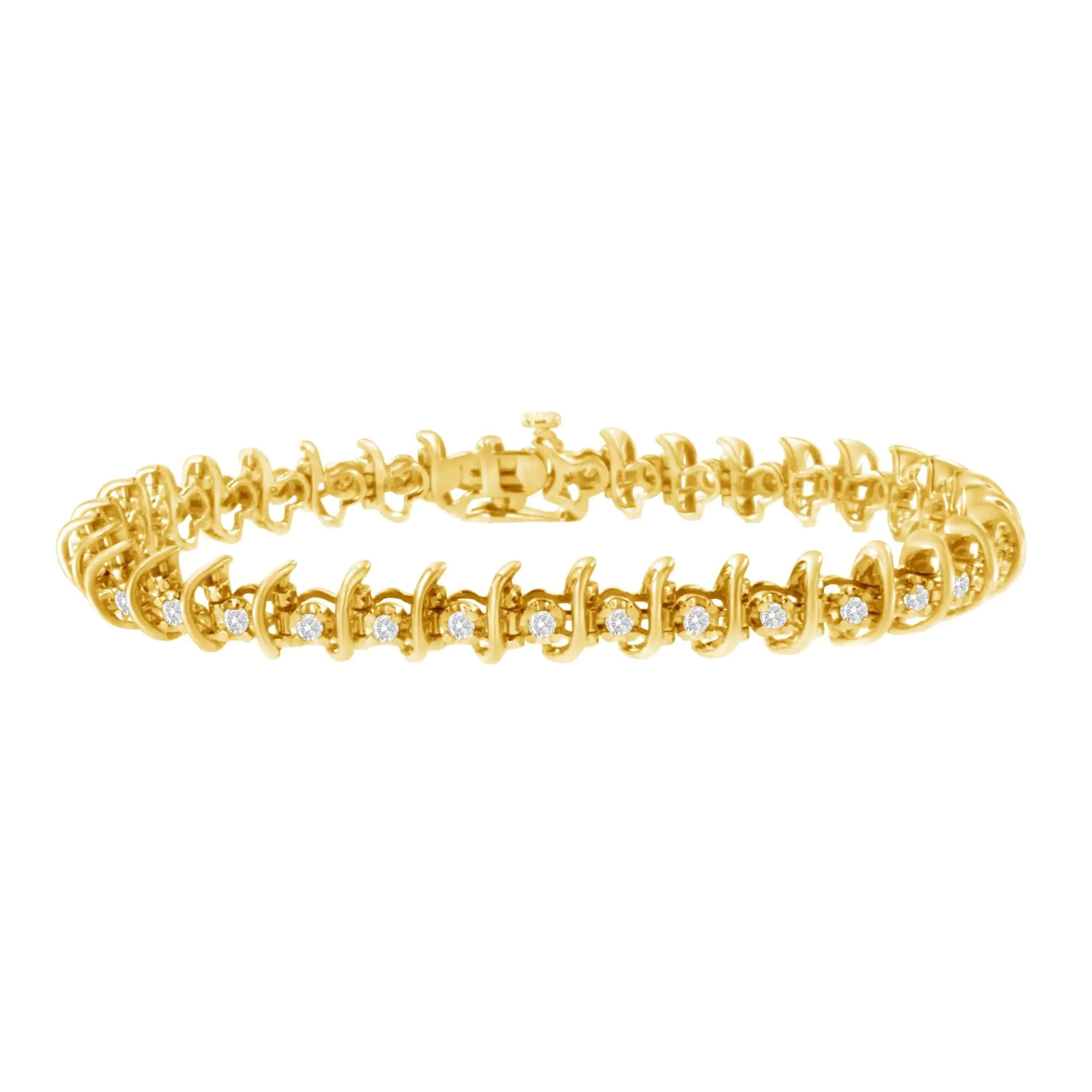 10KT Yellow Gold Plated .925 Sterling Silver 1 cttw Prong-Set Diamond Link Bracelet (J-K, I1-I2) - 7.5" - Evallys.com # #