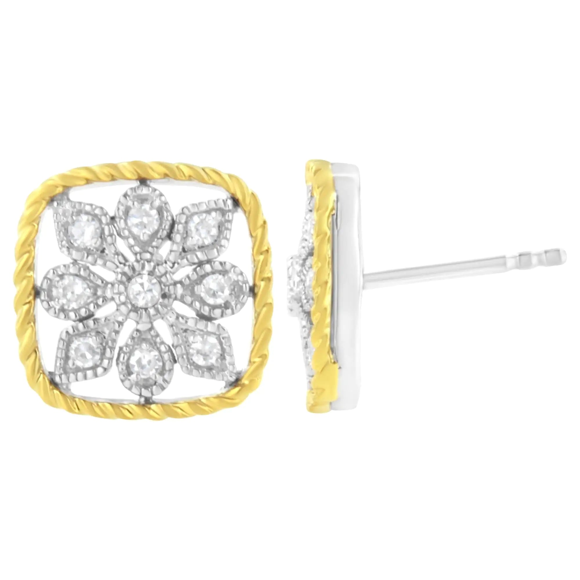 10K Yellow Gold Plated .925 Sterling Silver 1/4 cttw Diamond "Flower in a Box" Stud Earrings (I-J Color, I2-I3 Clarity) - Evallys.com # #