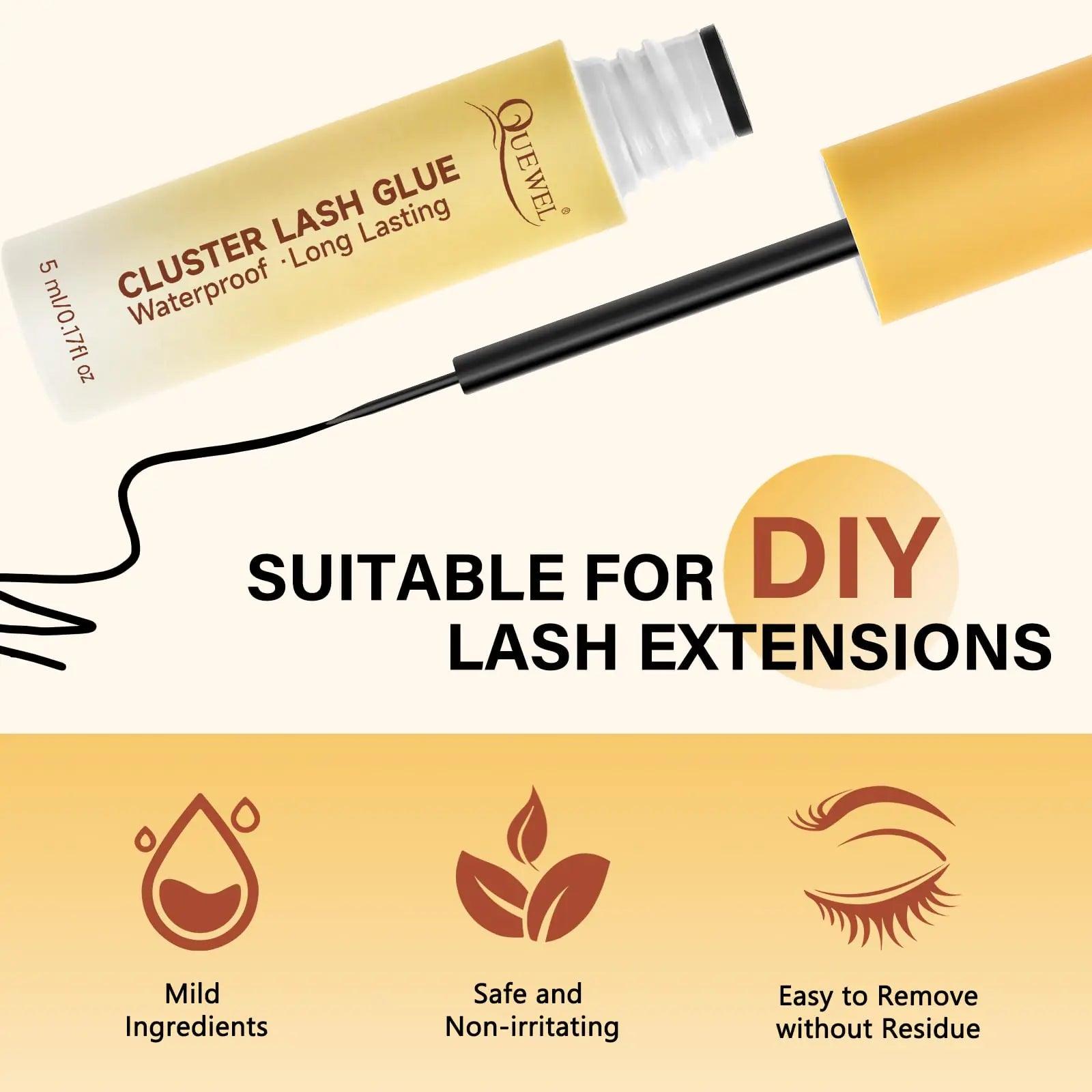 QUEWEL Lash Clusters Bond Eyelash Cluster Glue for DIY Lash Extensions, 5ML Cluster Lashes Glue Waterproof&Long Lasting, Super Strong Hold Eyelash Clusters Bond Suitable for All Day Wear (Black) Bond-Black - Evallys.com # #