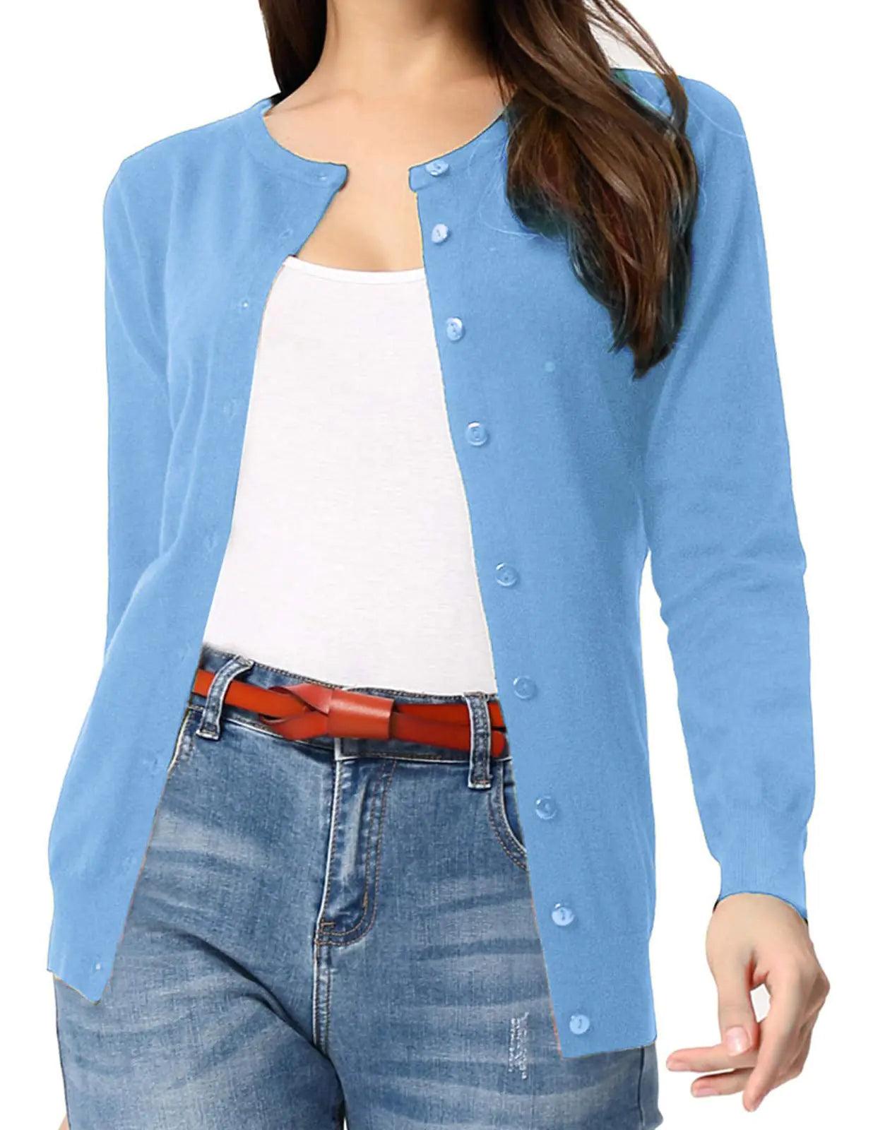 GRACE KARIN Women's Long Sleeve Button Down Crew Neck Classic Sweater Knit Cardigan Baby Blue Large - Evallys.com # #