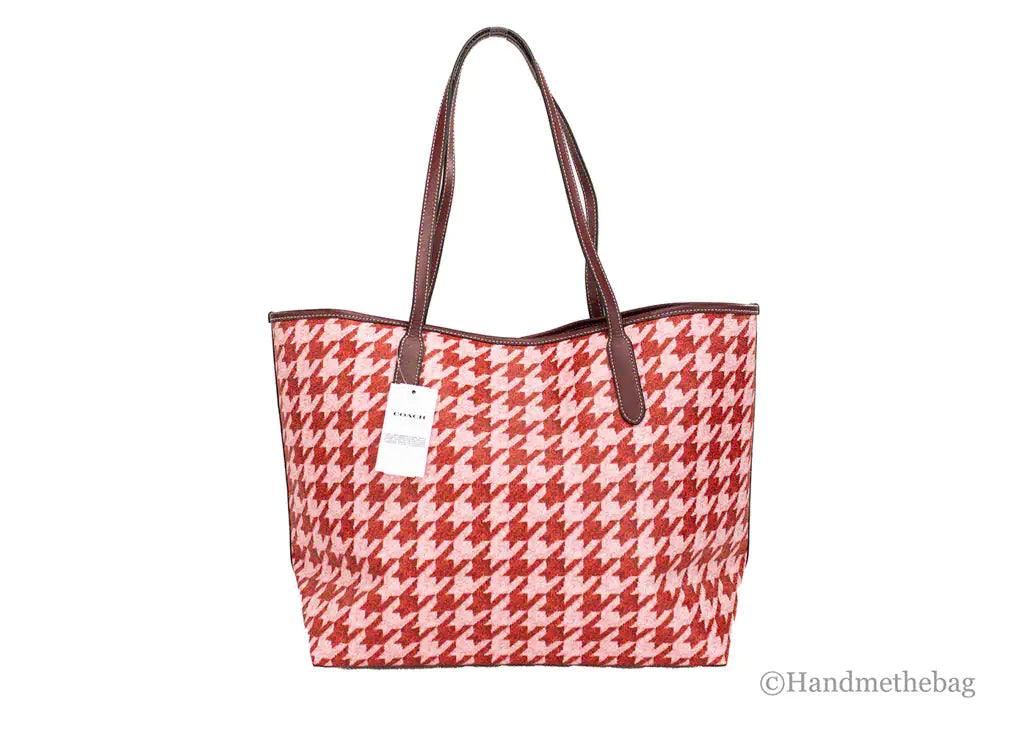 Coach Pink Red Houndstooth Coated Canvas City Tote - Evallys.com # #