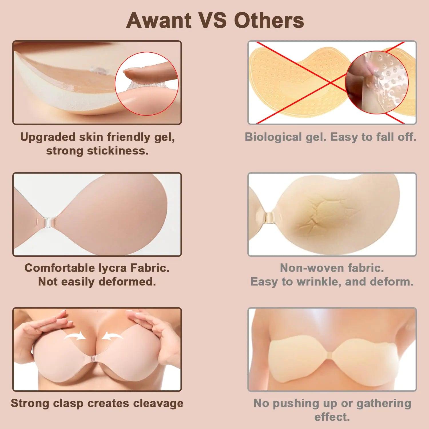 Awant Strapless Sticky Bra Invisible Sticky Boobs Silicone Adhesive Bra Backless Pushup Lift Bra A Beige - Evallys.com # #