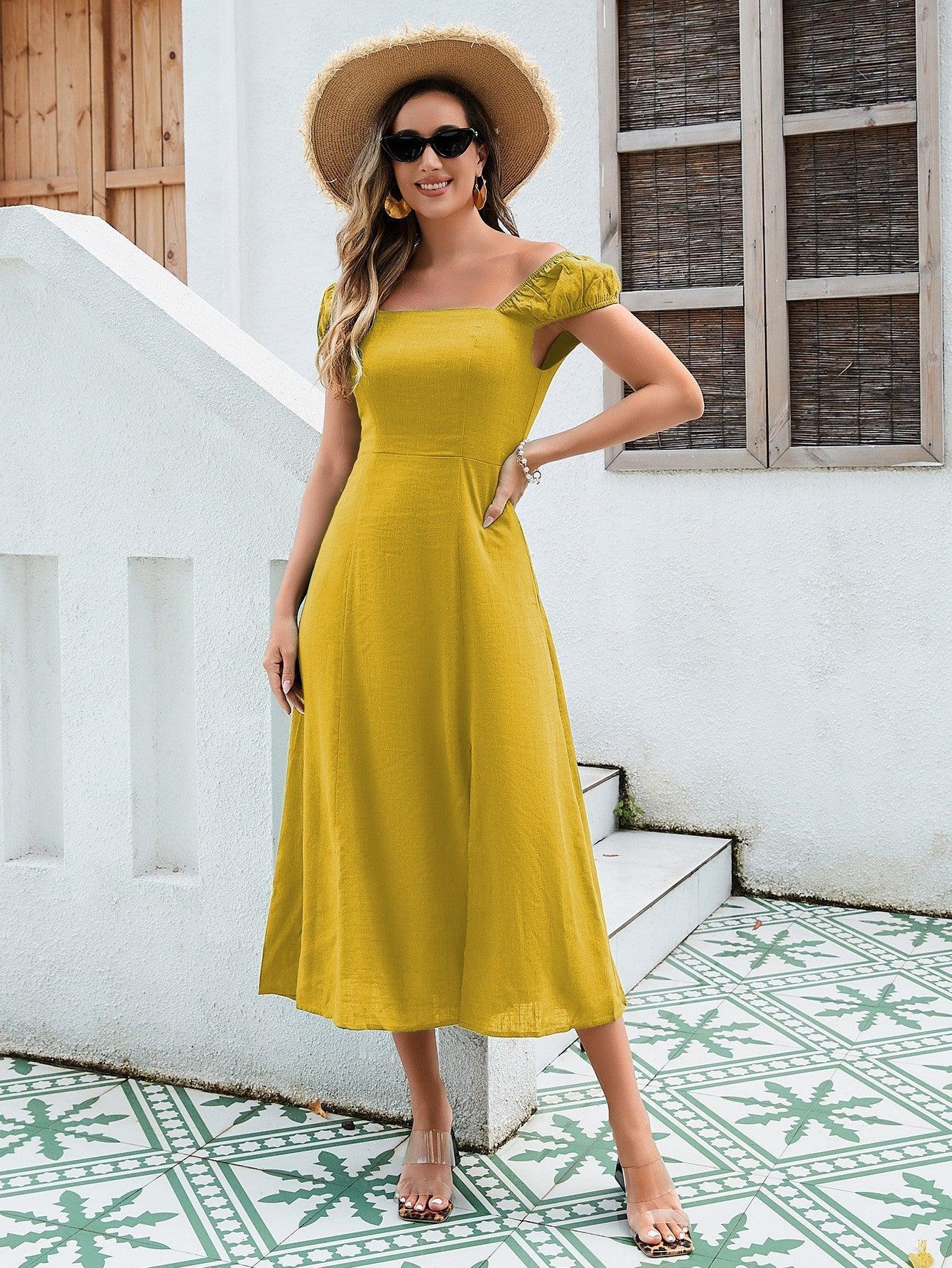 Women's Linen-Cotton Midi Dress - Versatile Off-Shoulder Design With Adjustable Tie-Back And Split Hem In Yellow, Green, And Orange - Evallys.com # #