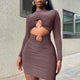 Women's Skirt Slim Fit Midriff Outfit Metal Buckle Long Sleeve Short Dress - Evallys.com