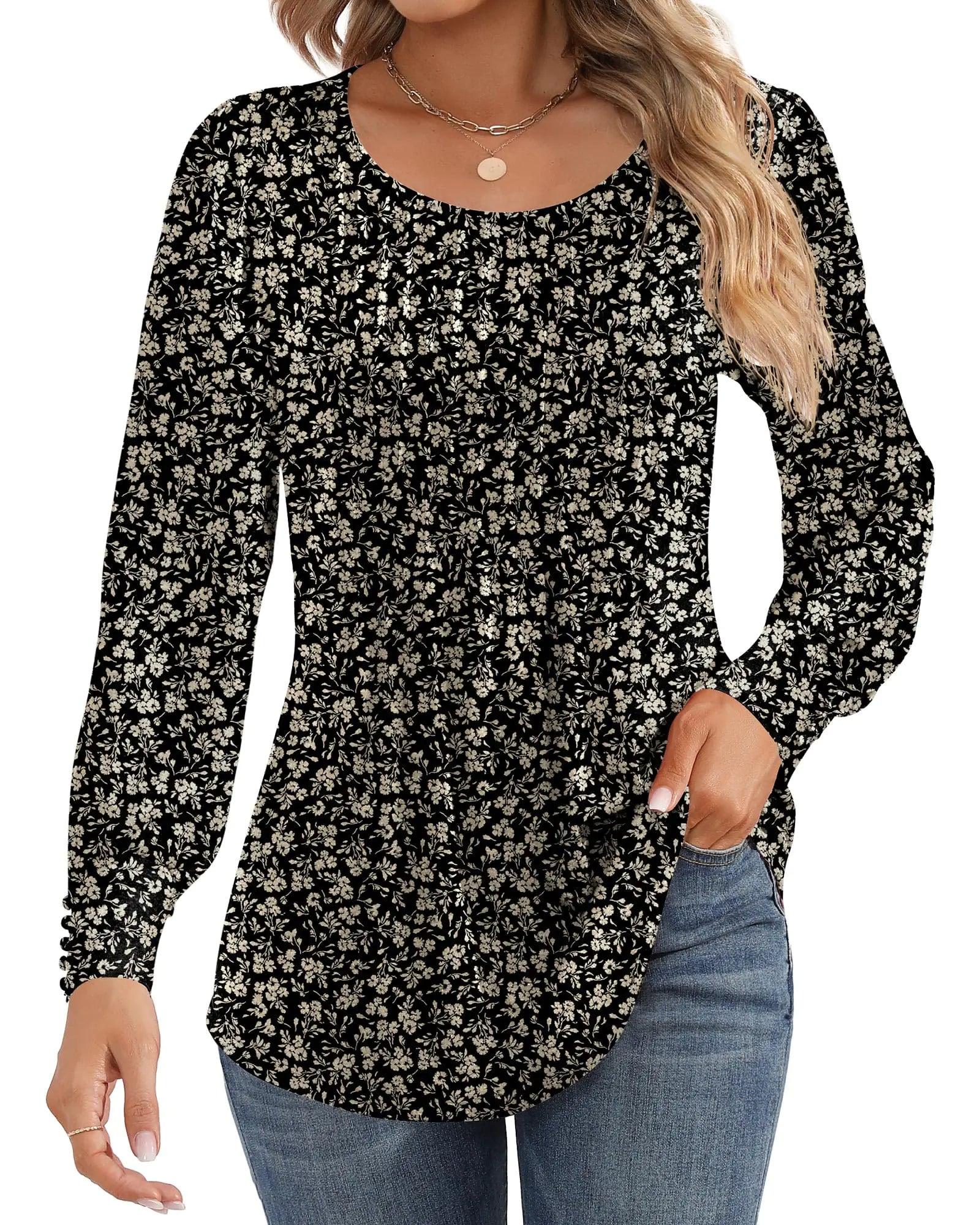 Ficerd Women's Puff Long Sleeve Tunic Tops Pleated Crew Neck Blouses Dressy Casual Loose Fit Fall and Winter Shirts Pink Floral Large - Evallys.com