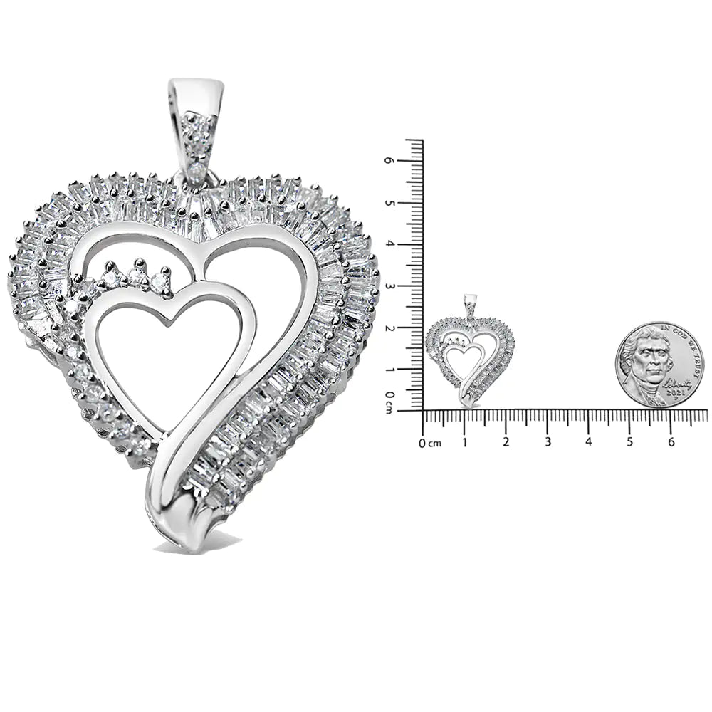 .925 Sterling Silver 3/4 Cttw Round and Baguette Diamond Double Heart Pendant 18" Necklace (I-J Color, I3 Clarity) - Evallys.com # #