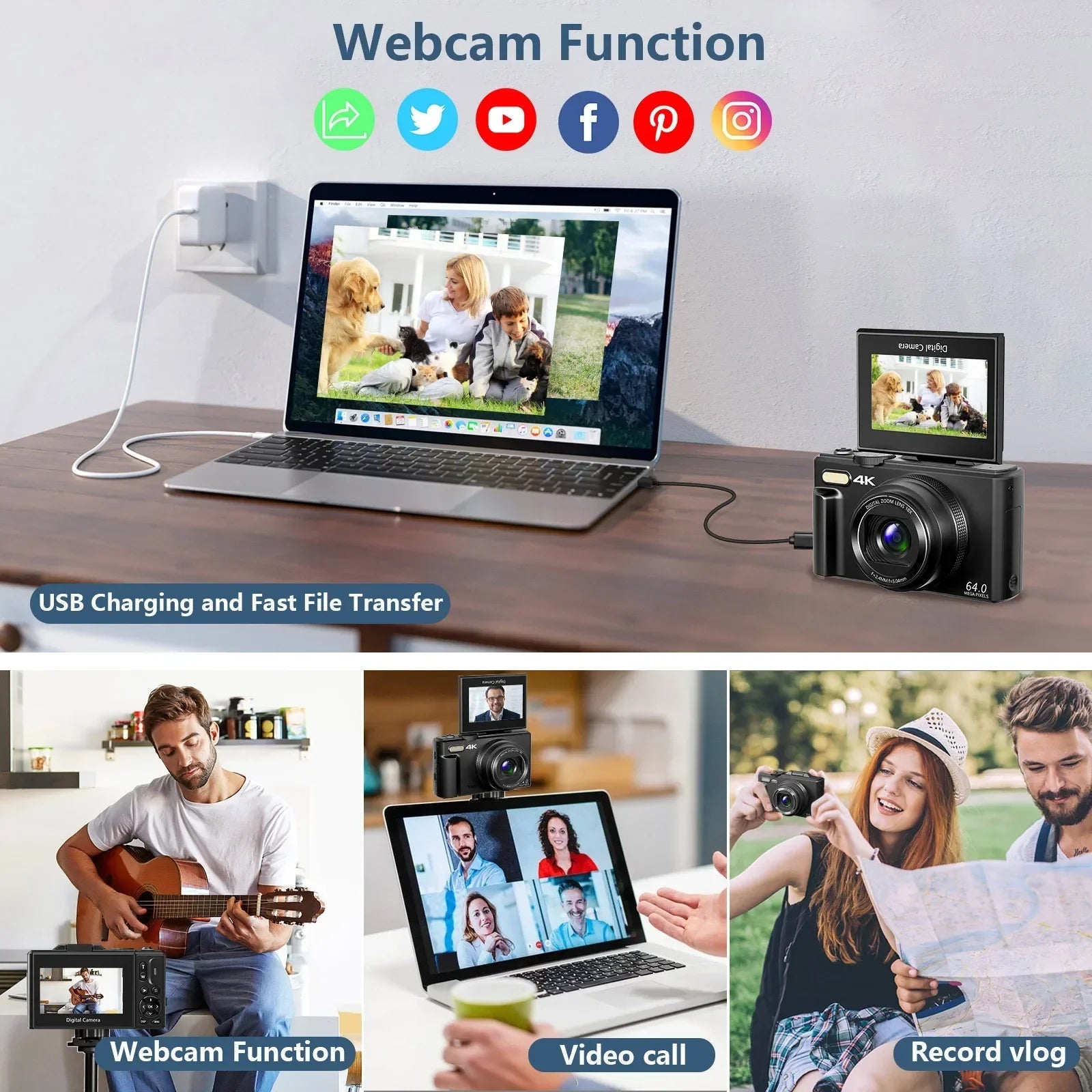 4K compact digital photography camera, 18x digital zoom, vintage vlog video recorder for YouTube, 180° flip screen, WiFi webcam - Evallys.com