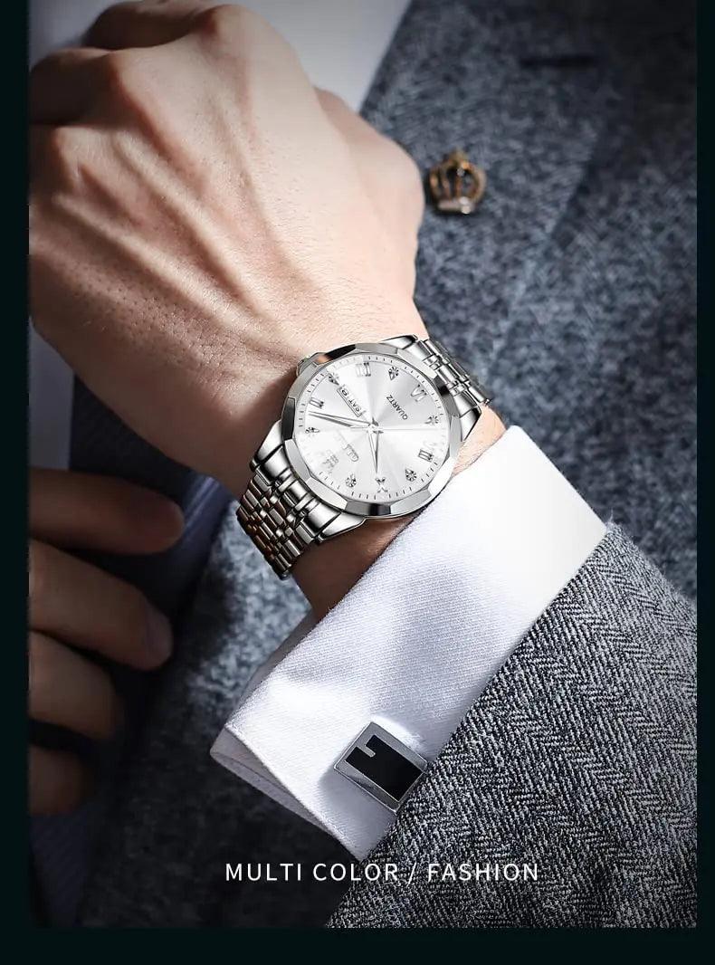 OLEVS Watch for Men Diamond Business Dress Analog Quartz Stainless Steel Waterproof Luminous Date Two Tone Luxury Casual Wrist Watch silver watch for men - Evallys.com # #