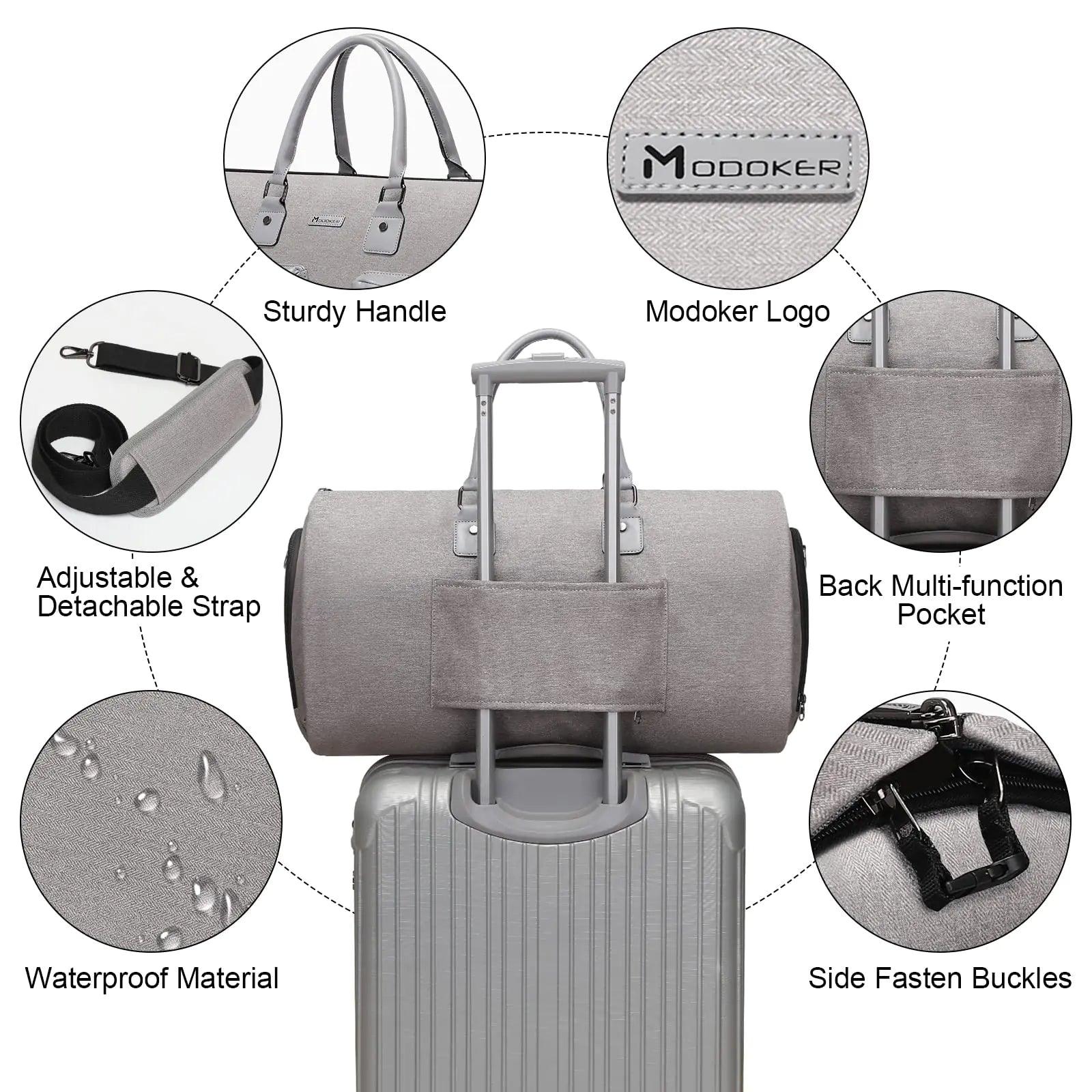 Convertible Garment Bag with Toiletry Bag, Modoker Carry on Garment Duffel Bag for Men Women - 2 in 1 Hanging Suitcase Suit Travel Bags, Light Grey - Evallys.com # #