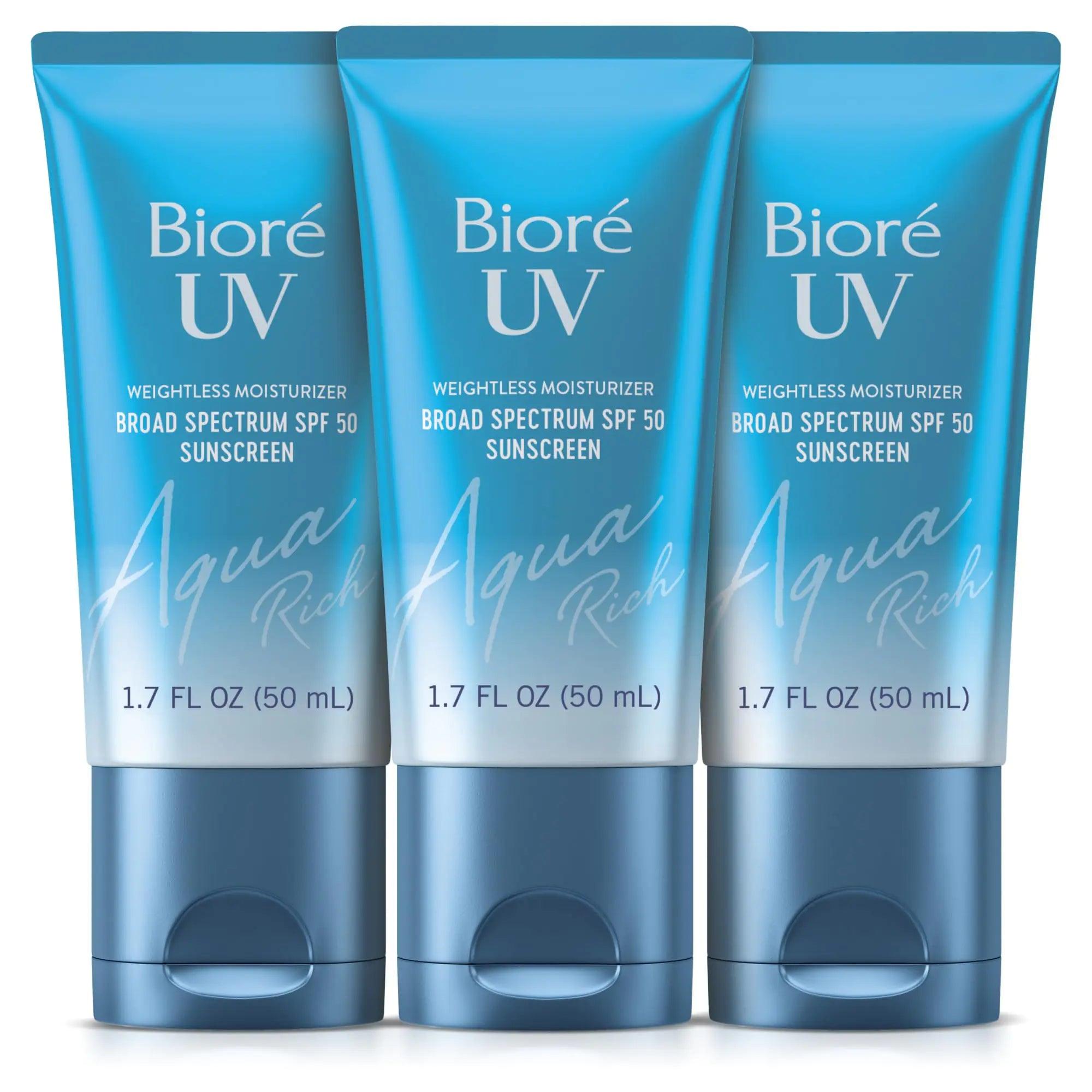 Biore UV Aqua Rich SPF 50 PA++++ Japanese Daily Moisturizer Sunscreen for Face, For Sensitive Skin, Oil Free, Hyaluronic Acid, Vegan, Oxybenzone & Octinoxate Free, Dermatologist Tested, 1.7 Oz/3pk 1.7 Fl Oz (Pack of 3) SPF50 - Evallys.com # #