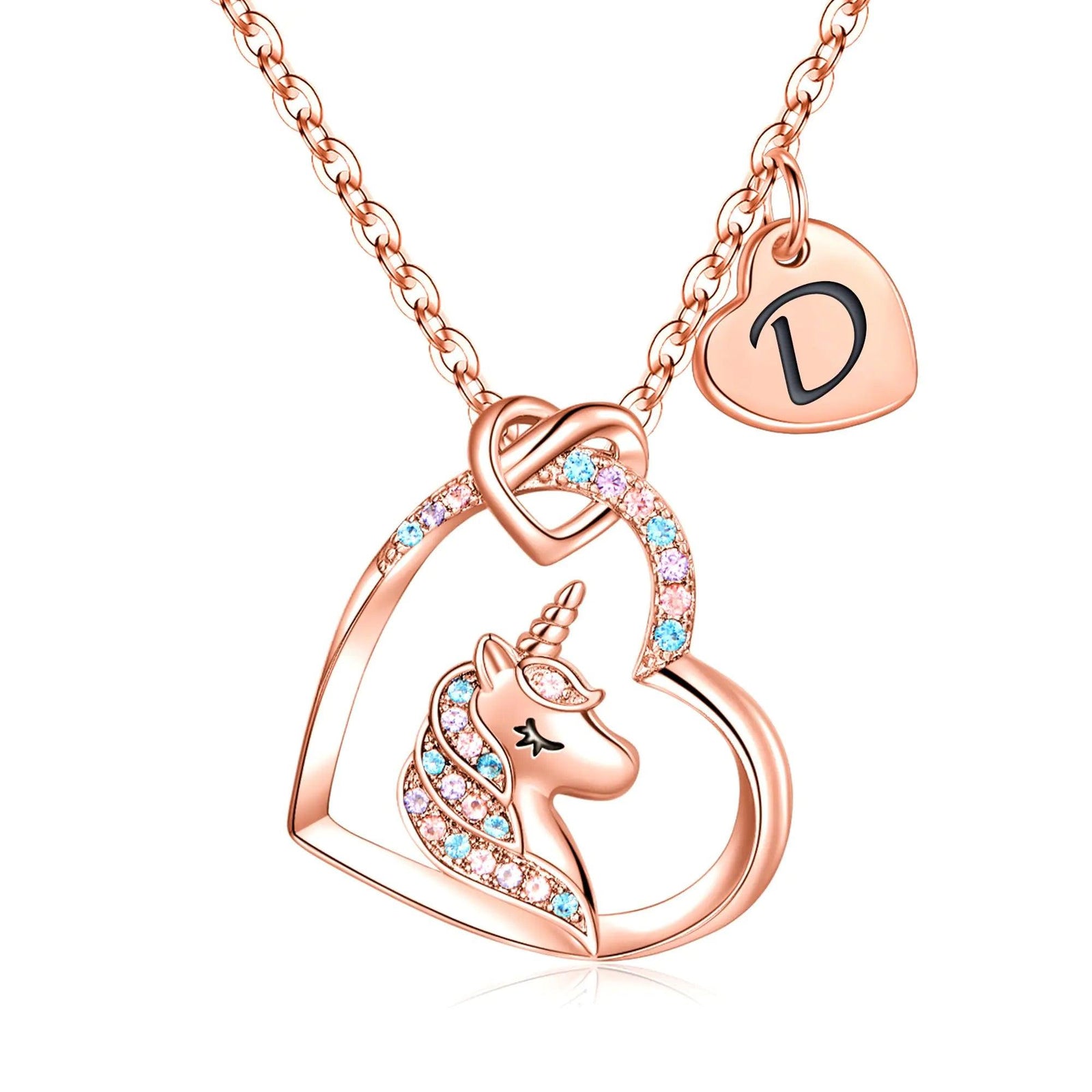 Hidepoo Unicorn Necklace for Girls Gifts - 14K Gold/Rose Gold/White Gold Plated Cubic Zirconia Heart Unicorn Necklace Gifts Jewelry Initial Unicorn Necklace Birthday Gifts Unicorns Gifts for Girls D Rose Gold - Evallys.com # #