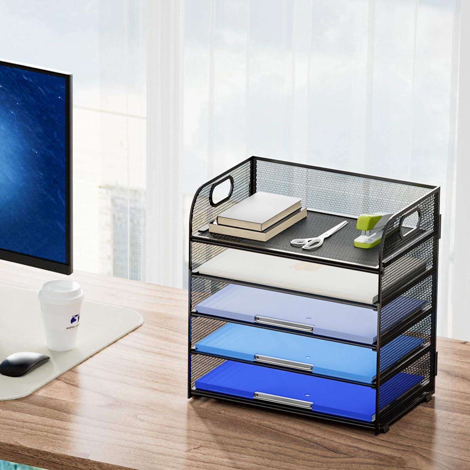 Marbrasse 2 Pack Desk Organizer with Handle, 5 Tier Paper Organizer Letter Tray Organizer, Mesh Desk File Organizer for Office, School and Home - Evallys.com # #