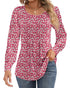 Ficerd Women's Puff Long Sleeve Tunic Tops Pleated Crew Neck Blouses Dressy Casual Loose Fit Fall and Winter Shirts Pink Floral Large - Evallys.com
