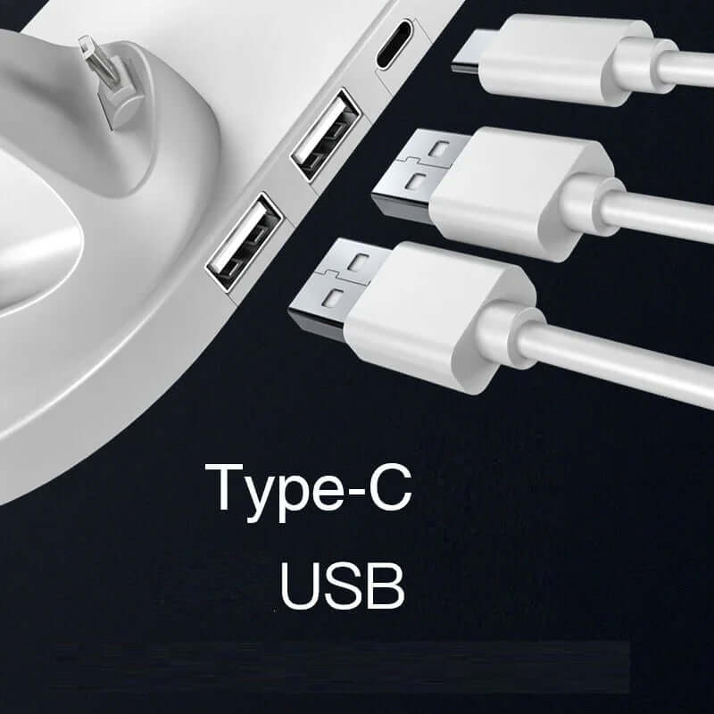 Close-up of a charging dock showing Type-C and USB ports with connected cables, perfect for fast charging.