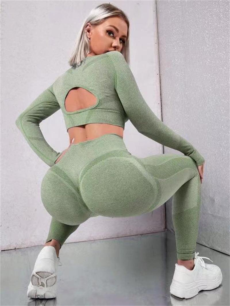 2Pcs Sports Suits Long Sleeve Hollow Design Tops and Butt Lifting High Waist Seamless Fitness Leggings Sports Gym Sportswear Outfits Clothing - Evallys.com # #