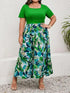 CURVZY plus Size Plants Print Square Neck a Line Dress, Boho Patchwork Graphic Short Sleeve High Waist Dress for Summer Holiday Vacation Beach, Women'S Clothes for Daily Wear - Evallys.com # #